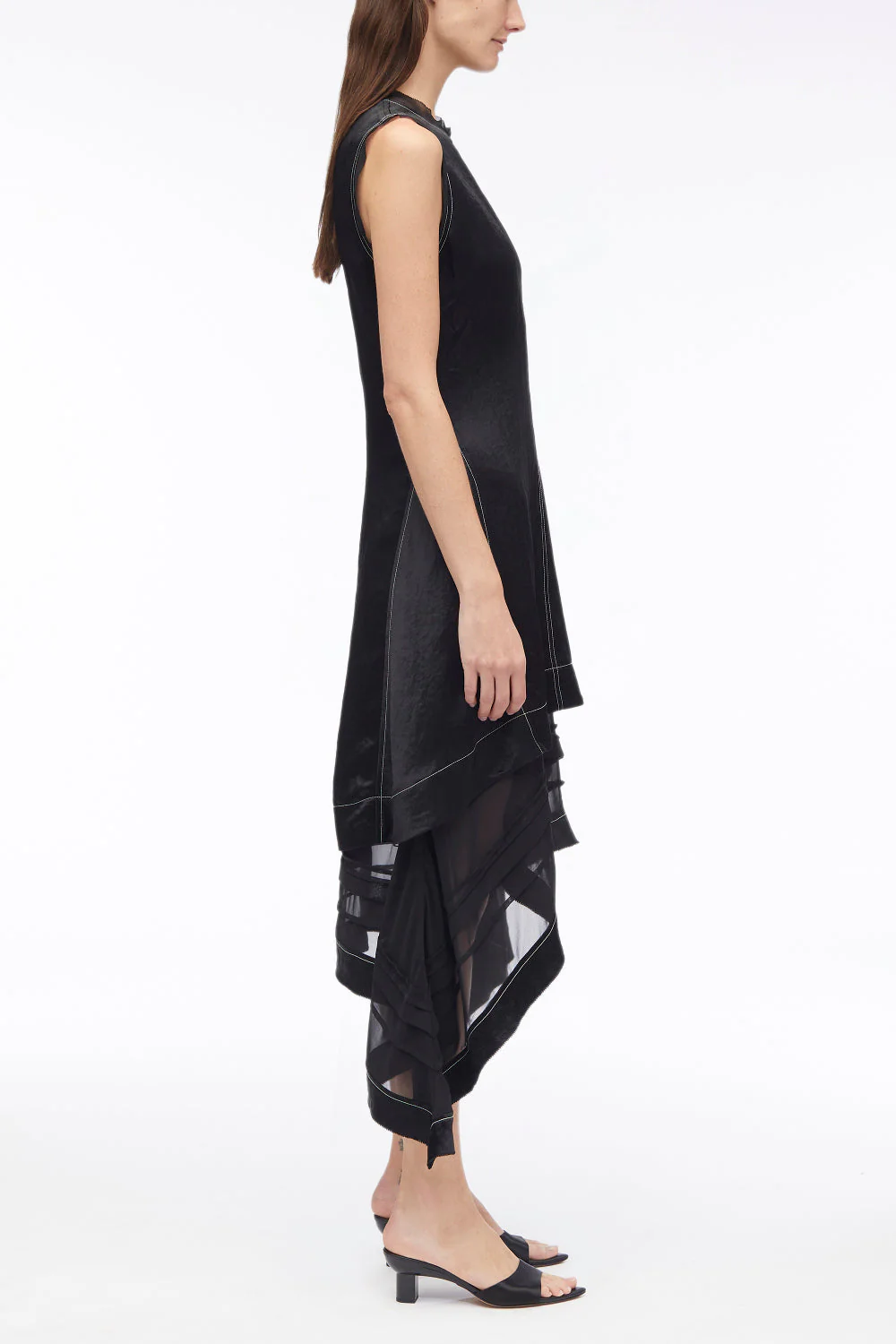 Asymmetric Hem Sleeveless Satin Combo Dress - Image 3