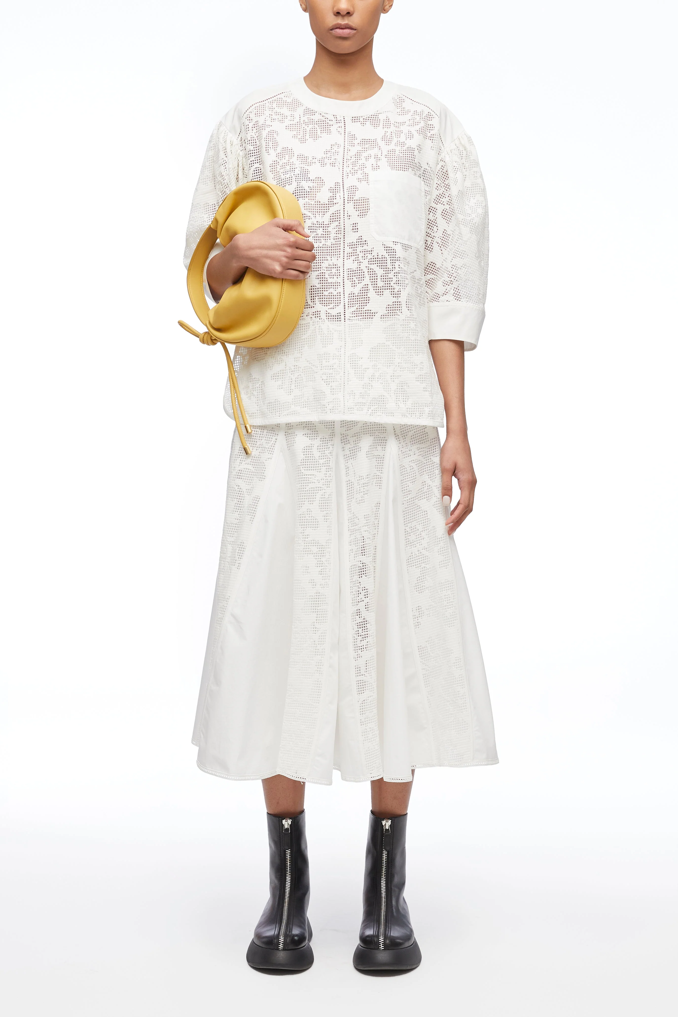 Bonded Lace Godet Midi Skirt