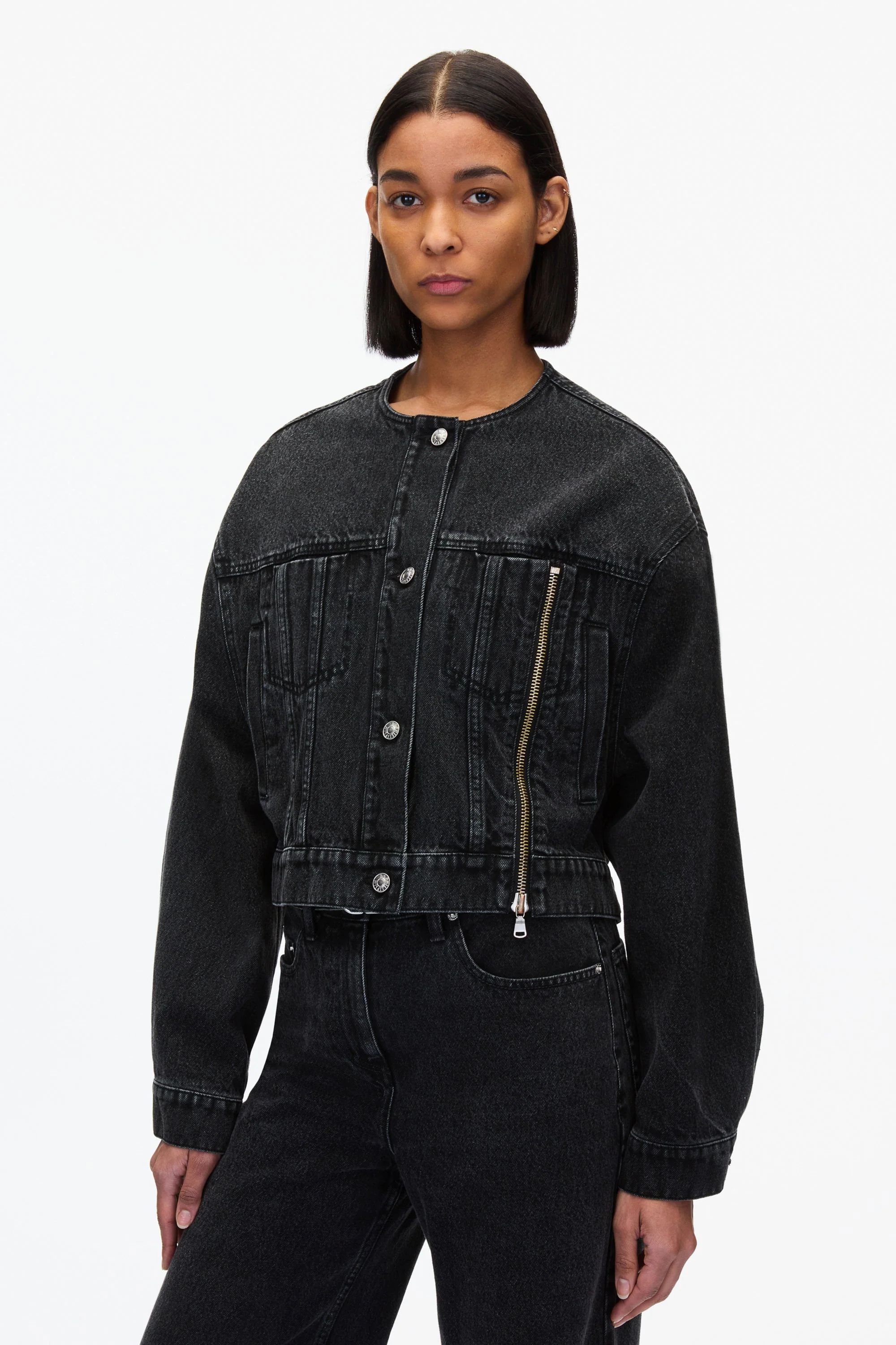 Crewneck Cropped Denim Jacket - Image 2