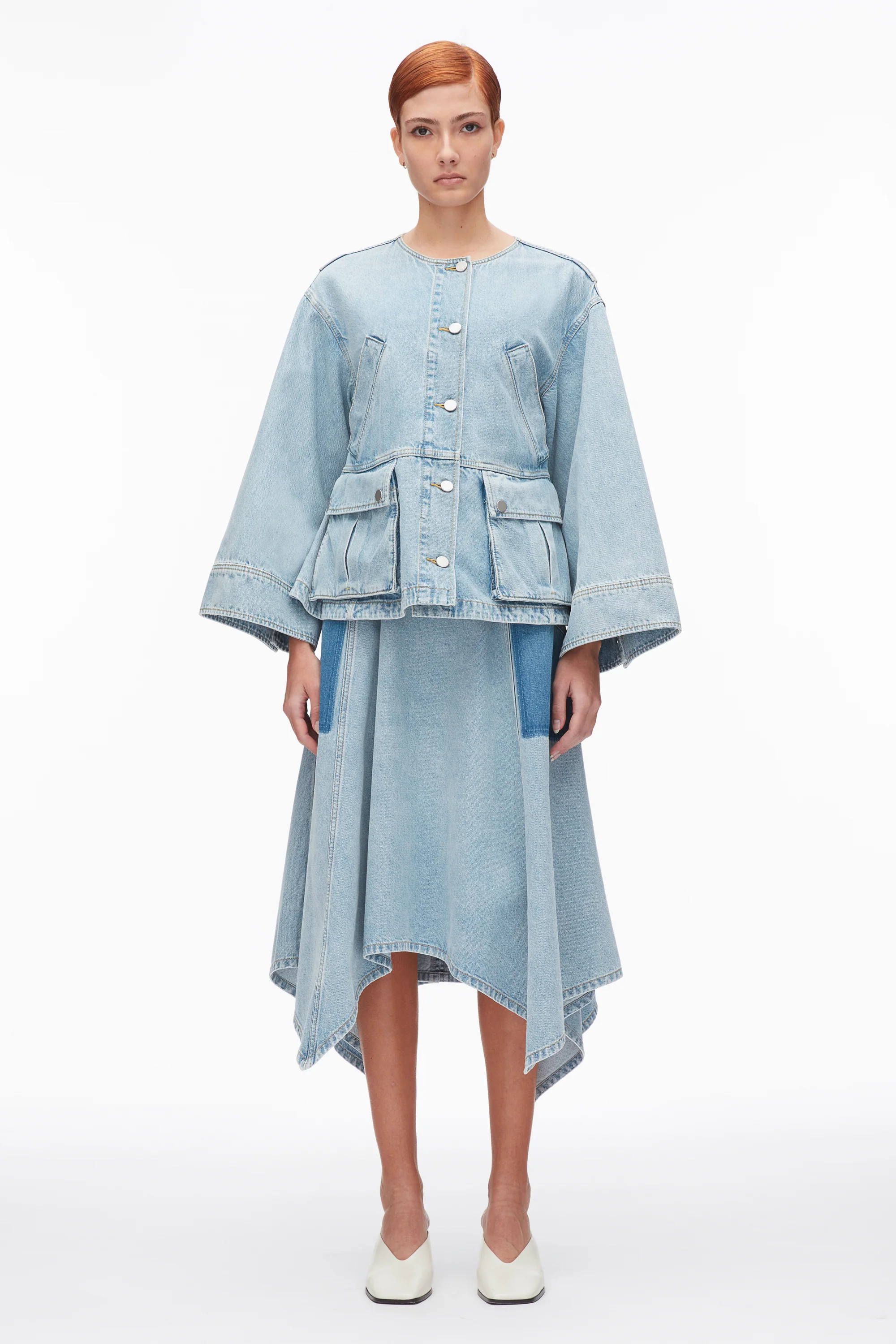 Collarless Trapeze Denim Jacket - Image 10