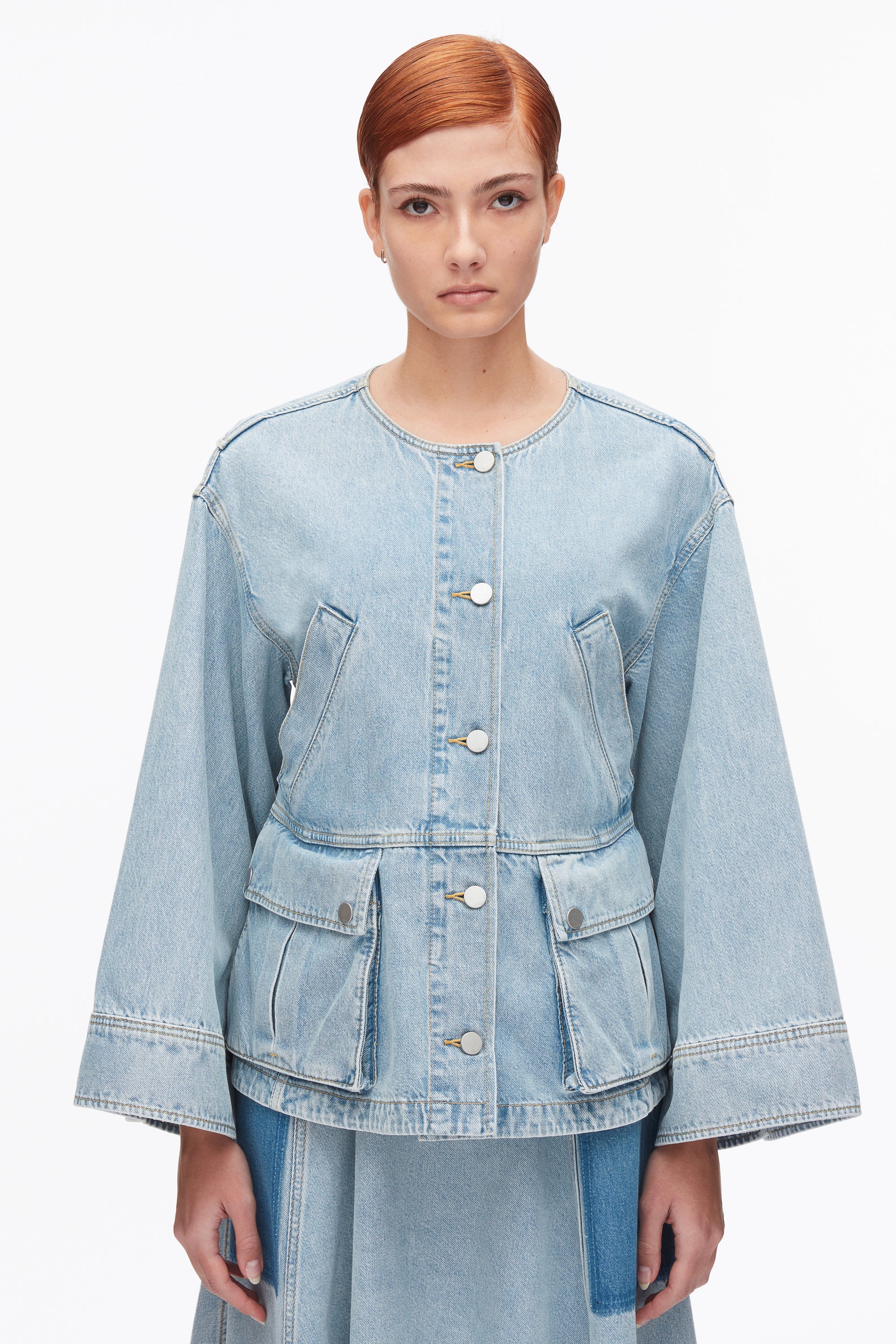 Collarless Trapeze Denim Jacket - Image 11