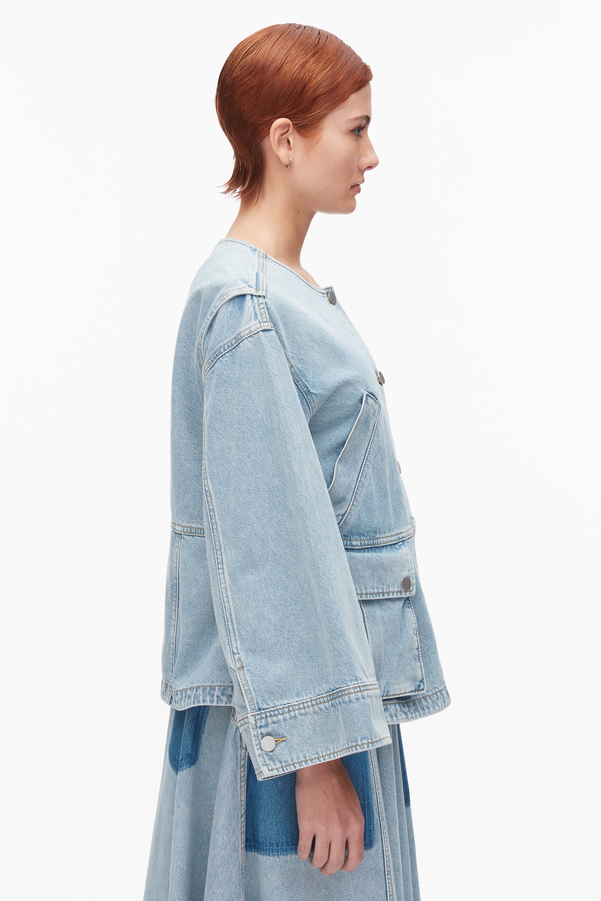 Collarless Trapeze Denim Jacket - Image 12