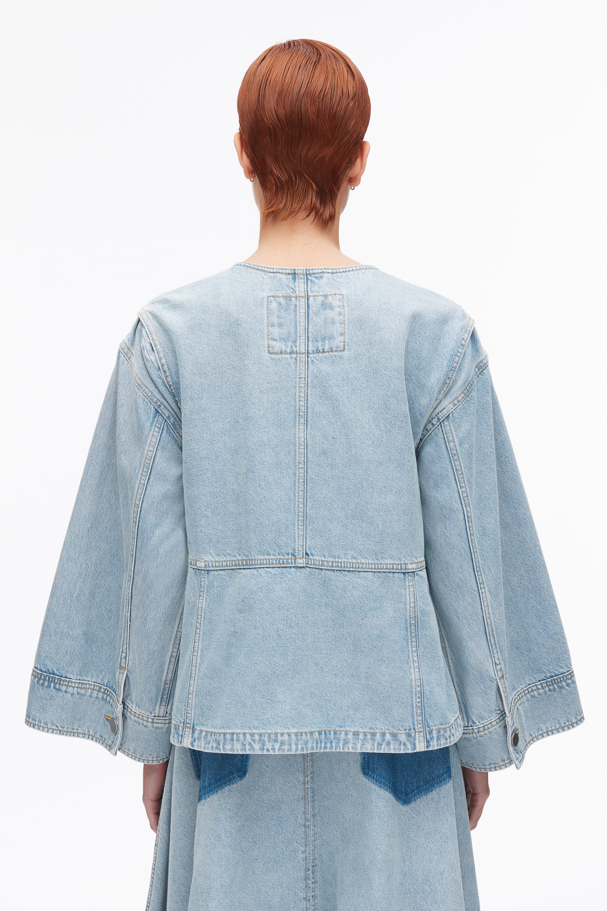 Collarless Trapeze Denim Jacket - Image 13