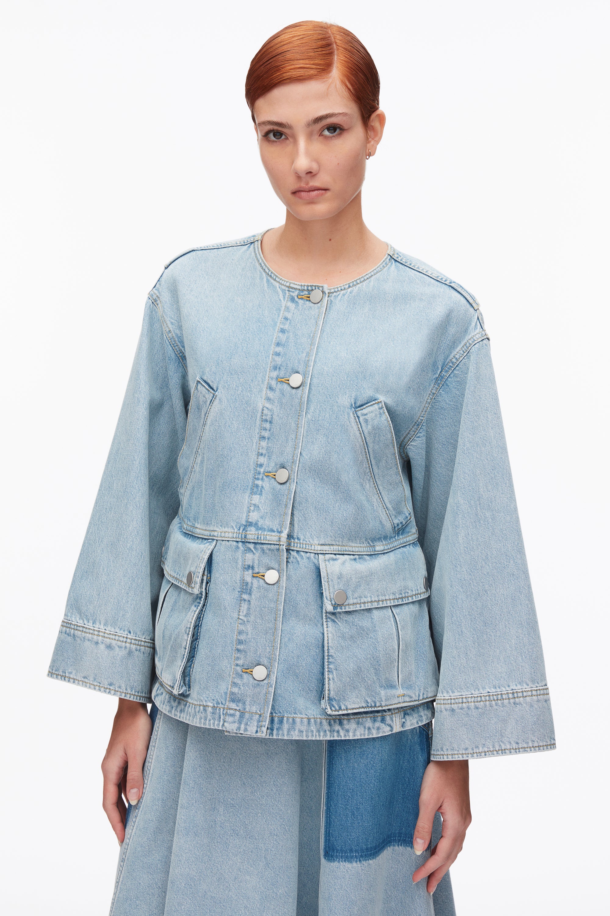 Collarless Trapeze Denim Jacket - Image 14