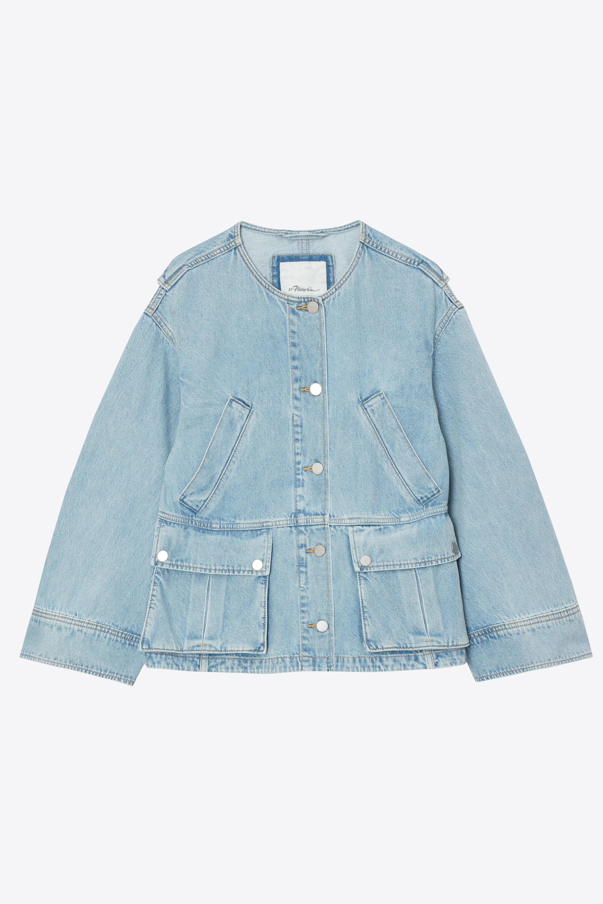 Collarless Trapeze Denim Jacket - Image 15