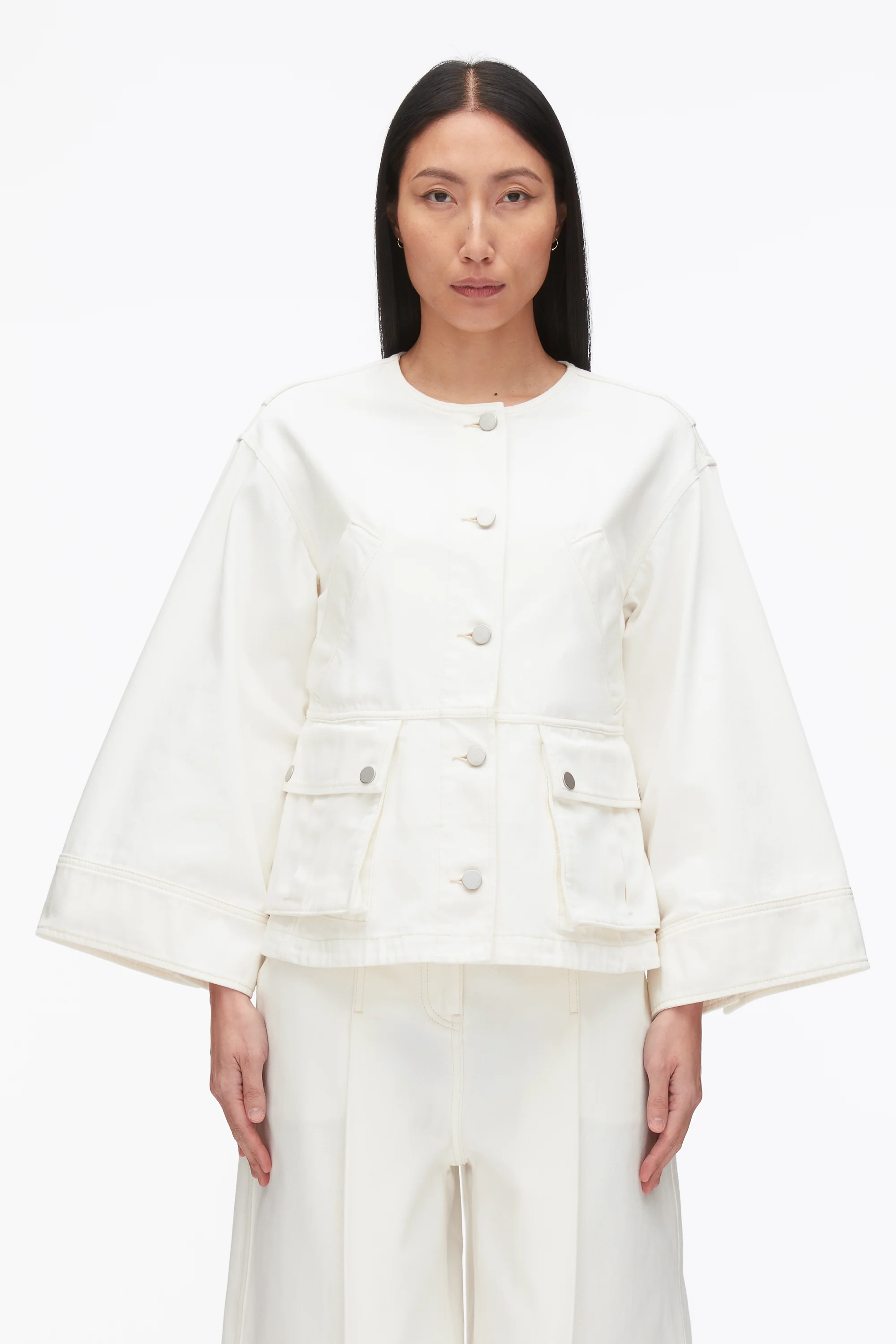 Collarless Trapeze Denim Jacket - Image 3
