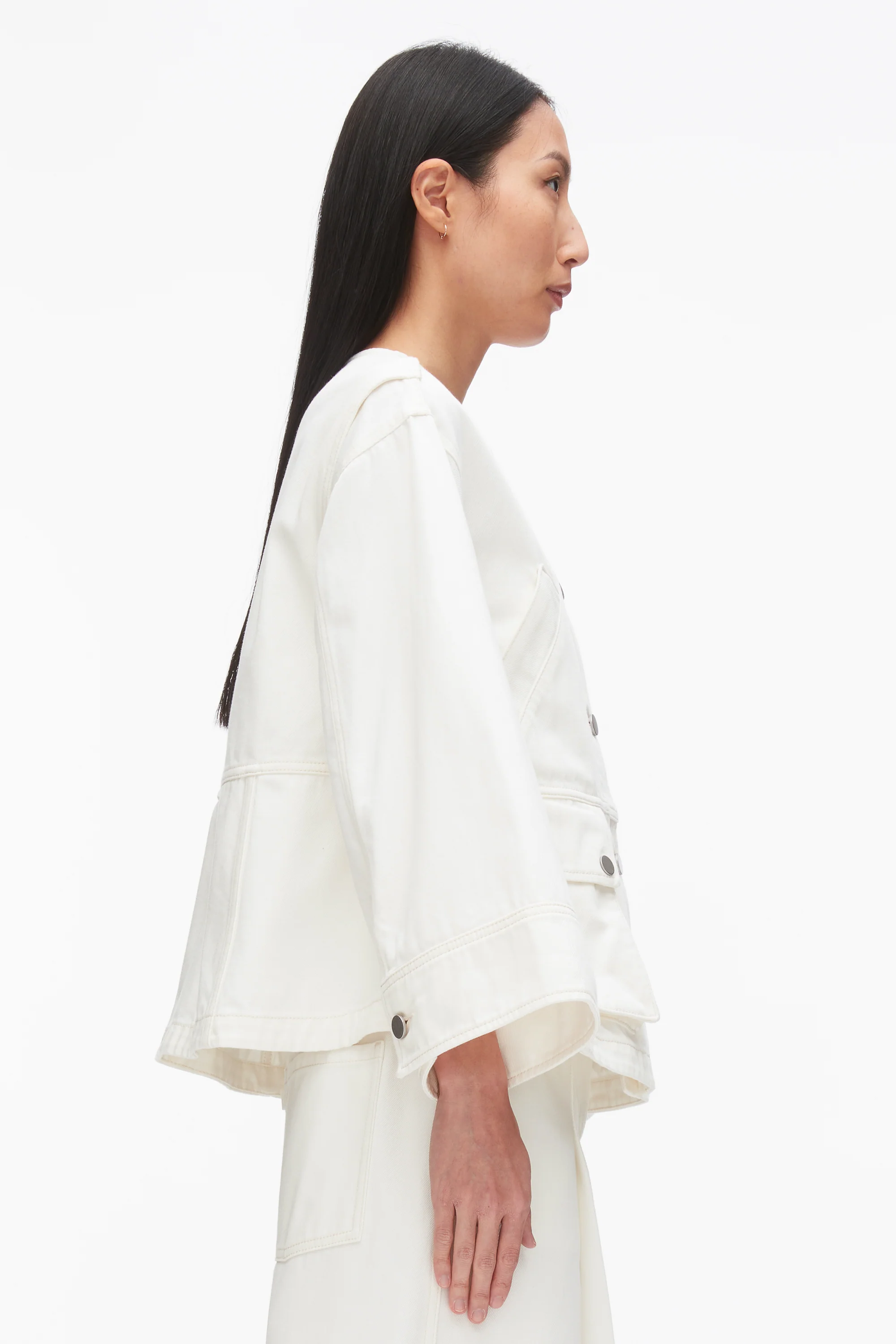 Collarless Trapeze Denim Jacket - Image 4