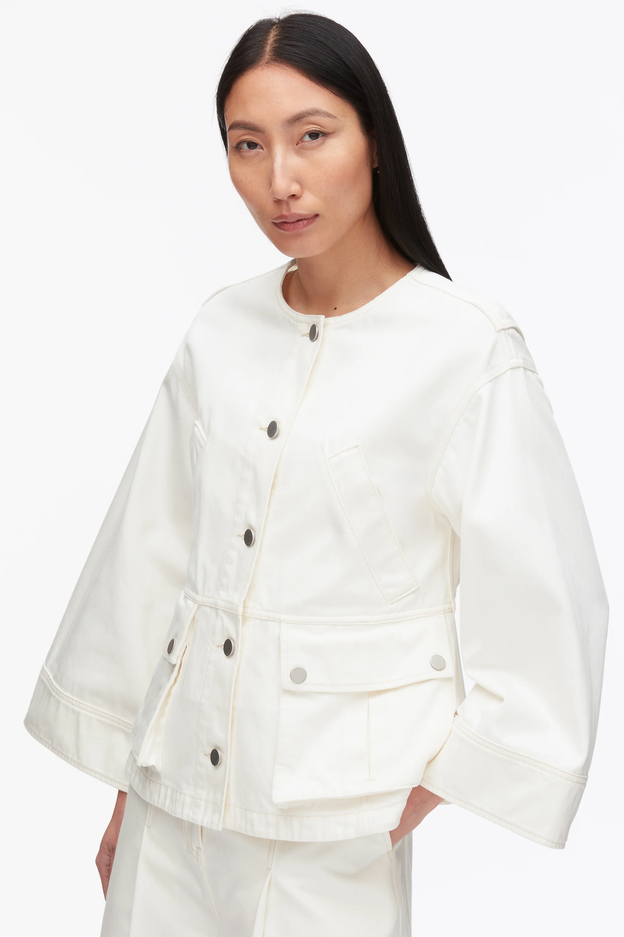 Collarless Trapeze Denim Jacket - Image 6