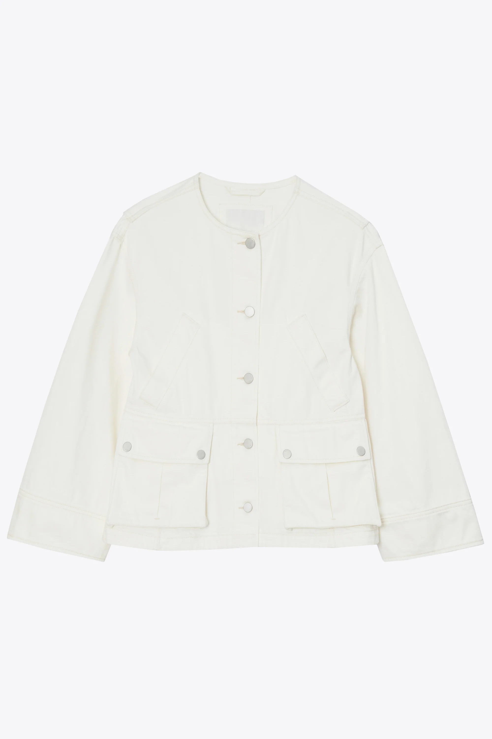 Collarless Trapeze Denim Jacket - Image 7