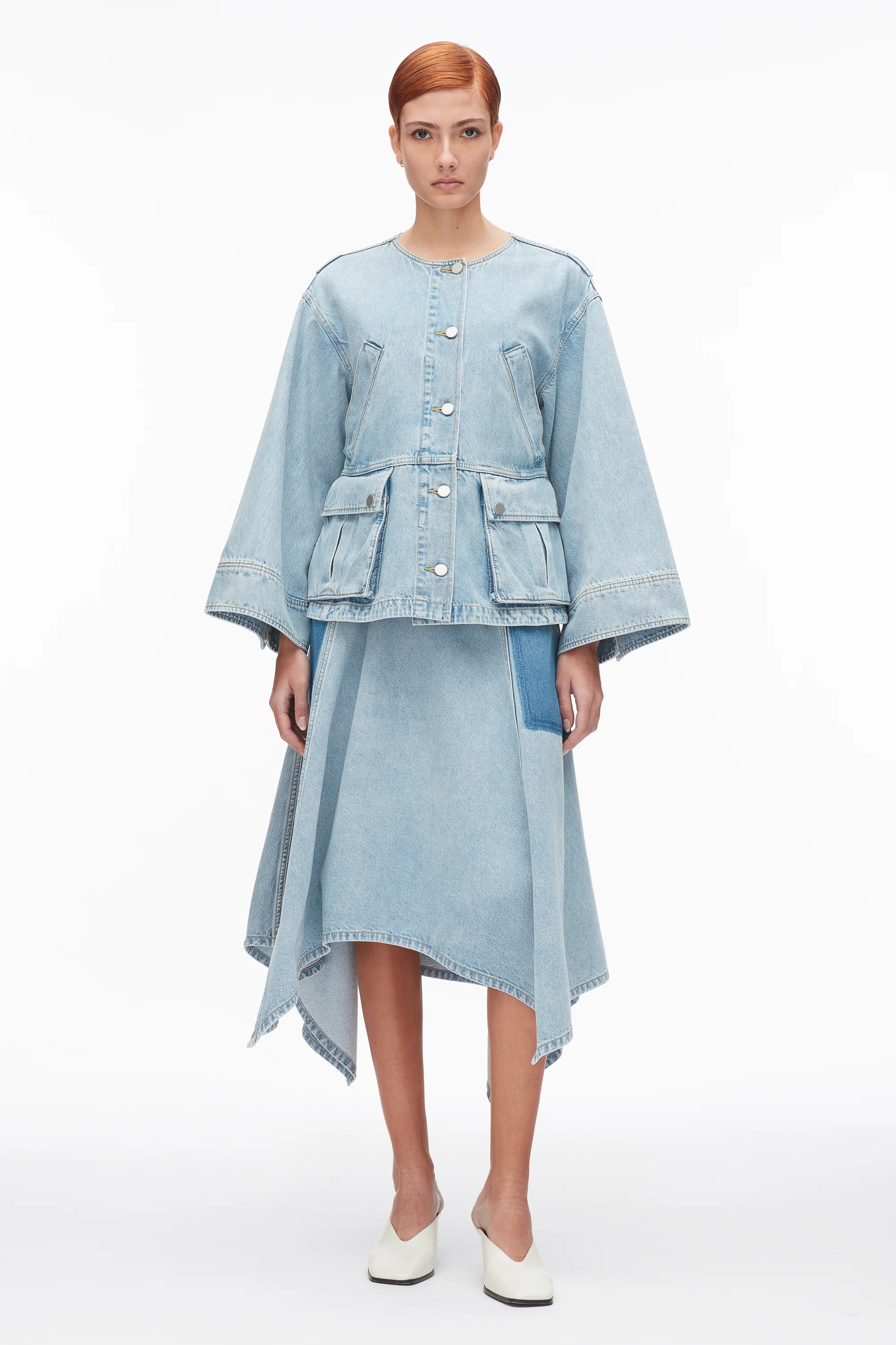 Collarless Trapeze Denim Jacket - Image 8