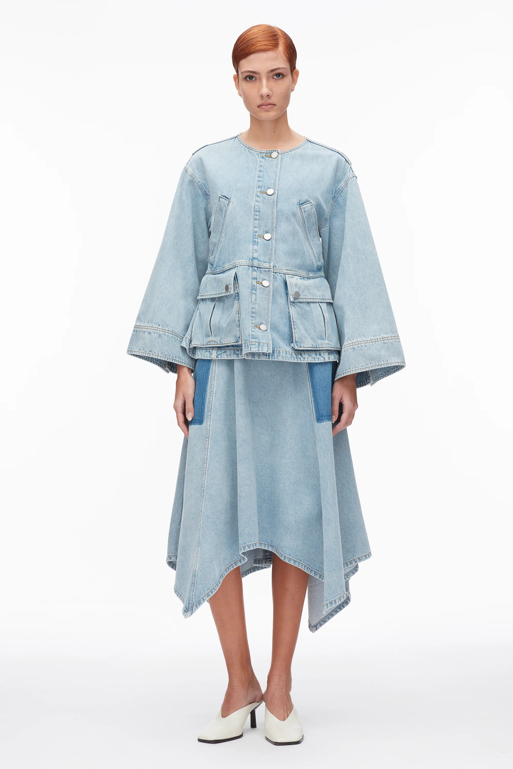 Collarless Trapeze Denim Jacket - Image 9
