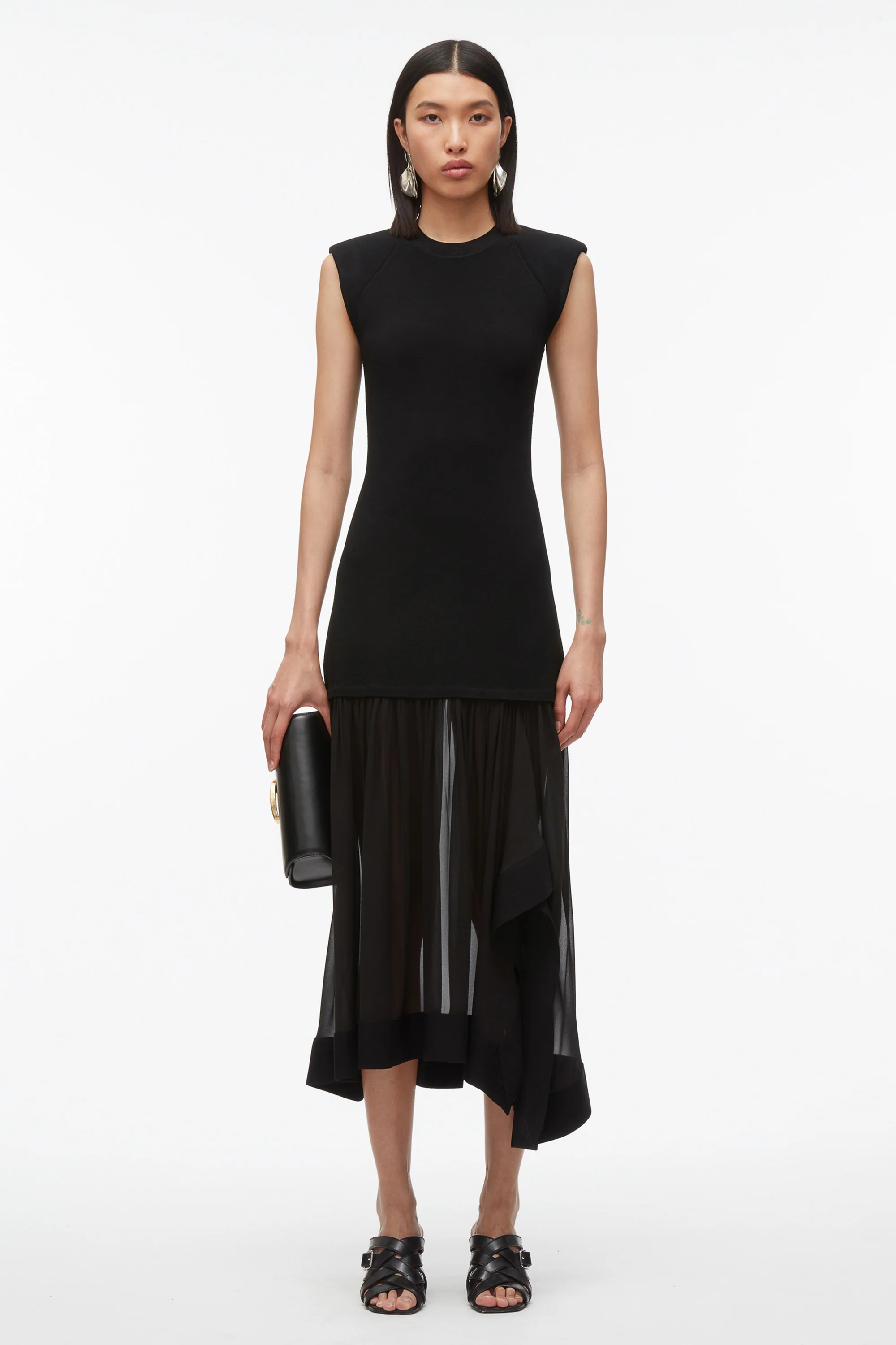 Compact Rib Dress with Chiffon Skirt - Image 7