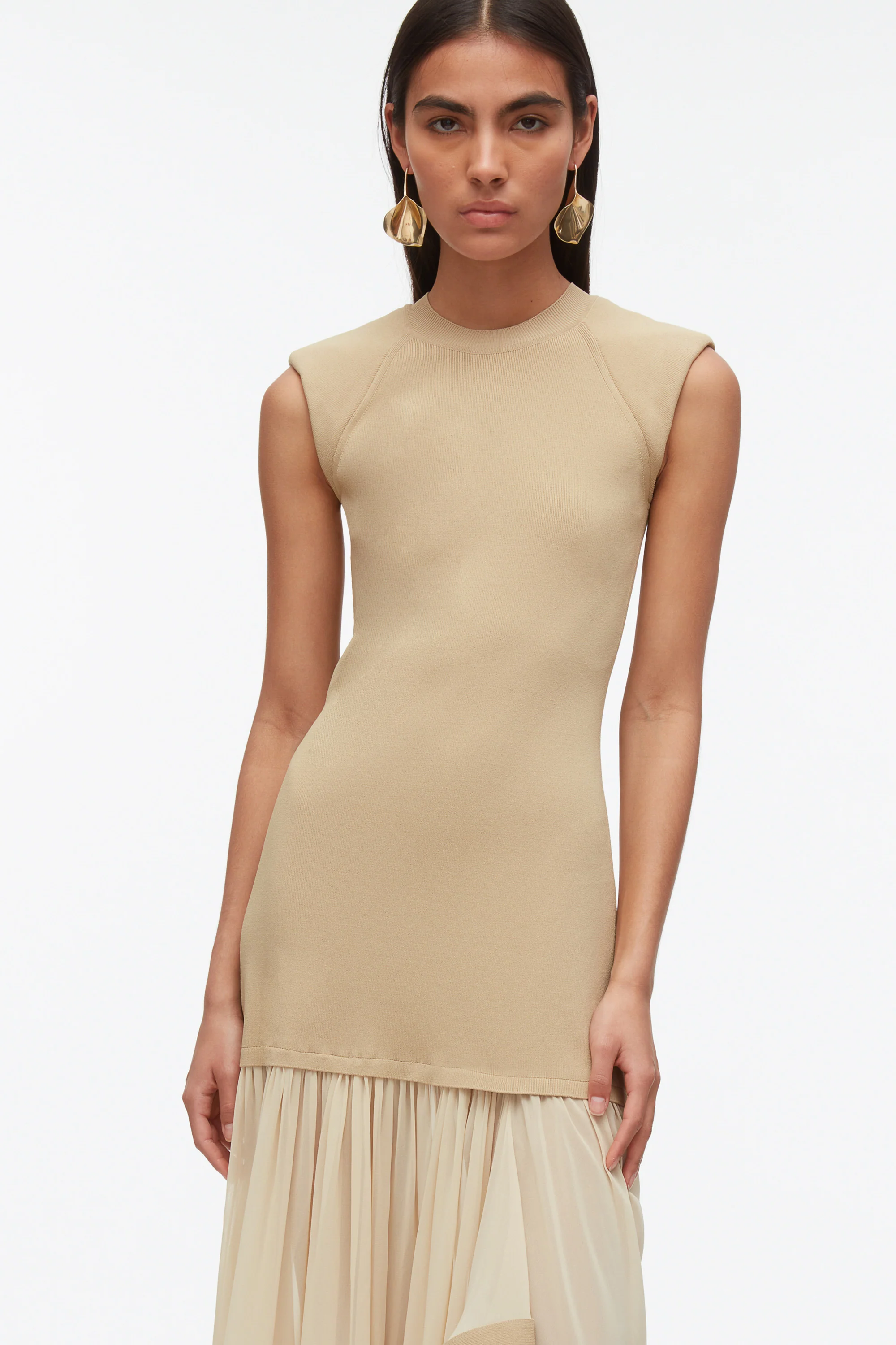Compact Rib Dress with Chiffon Skirt - Image 2