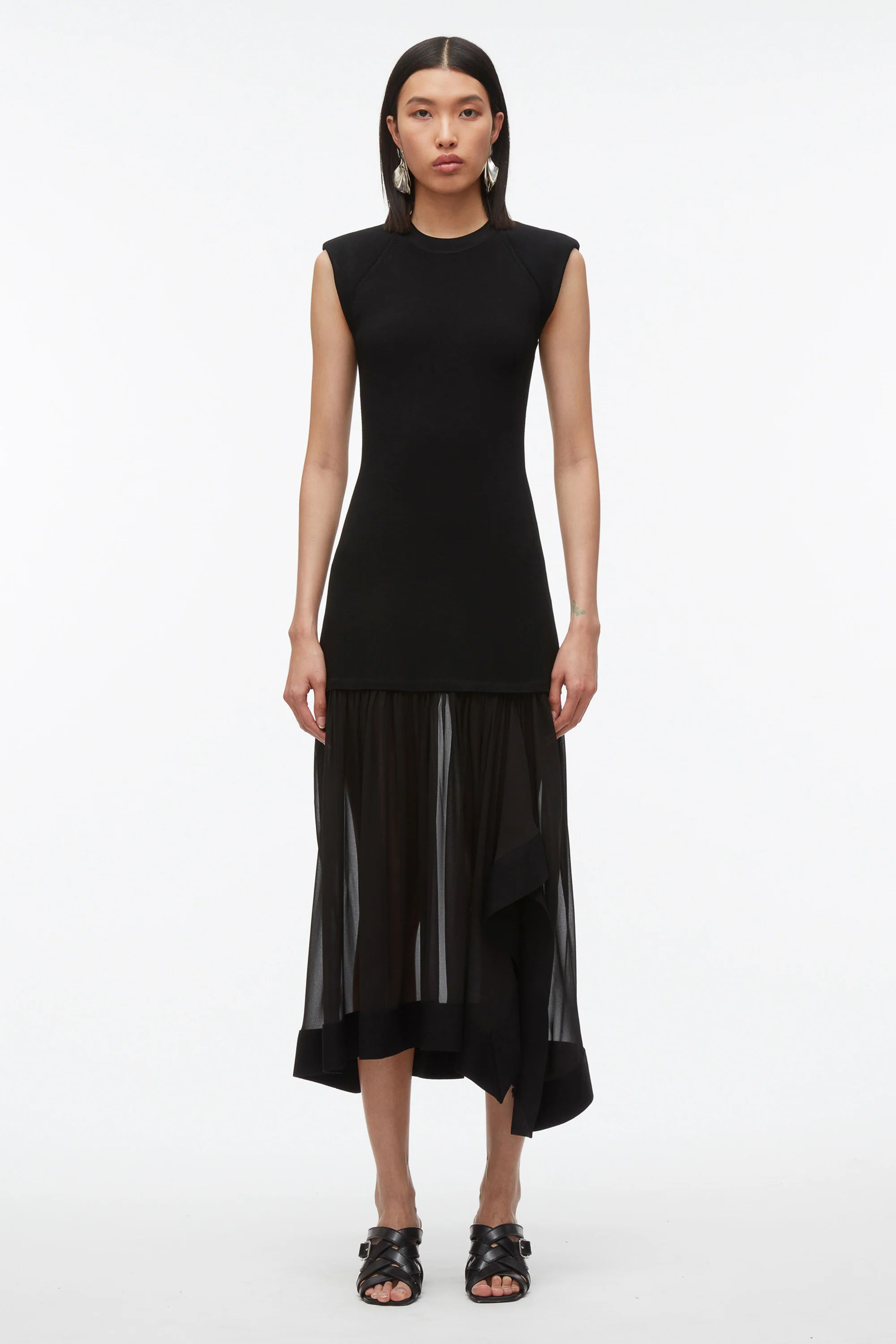 Compact Rib Dress with Chiffon Skirt - Image 8