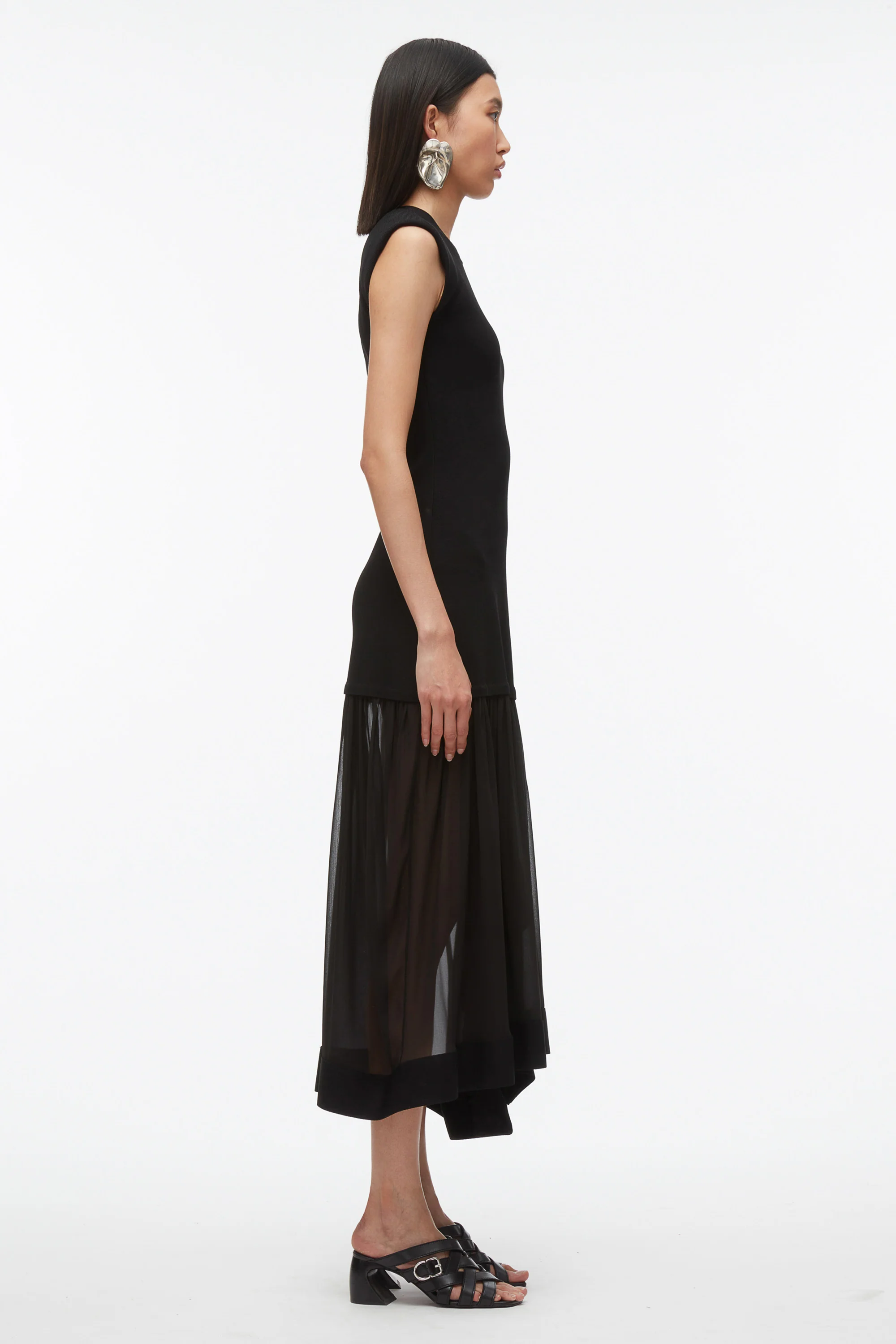 Compact Rib Dress with Chiffon Skirt - Image 9