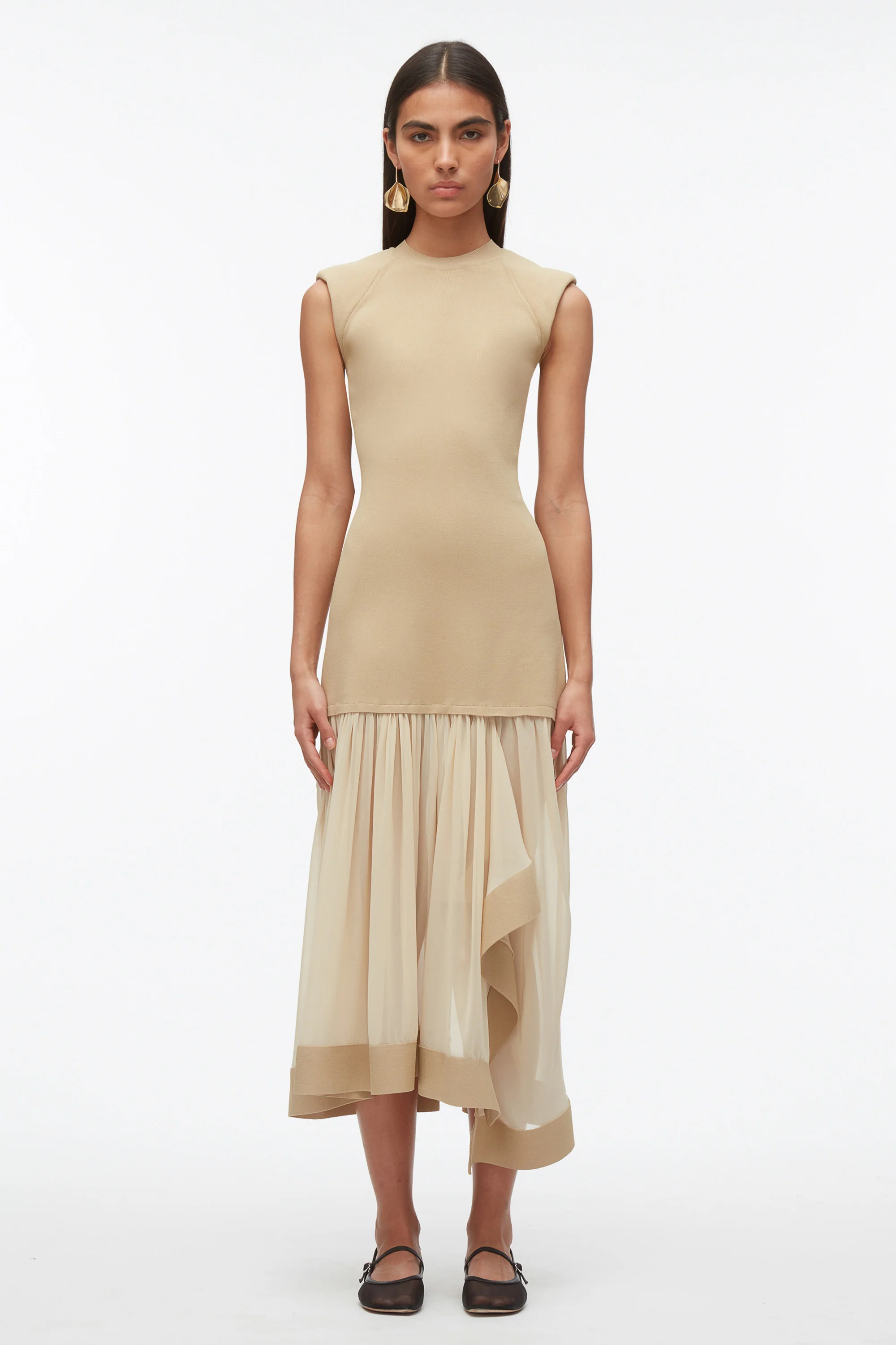 Compact Rib Dress with Chiffon Skirt - Image 6