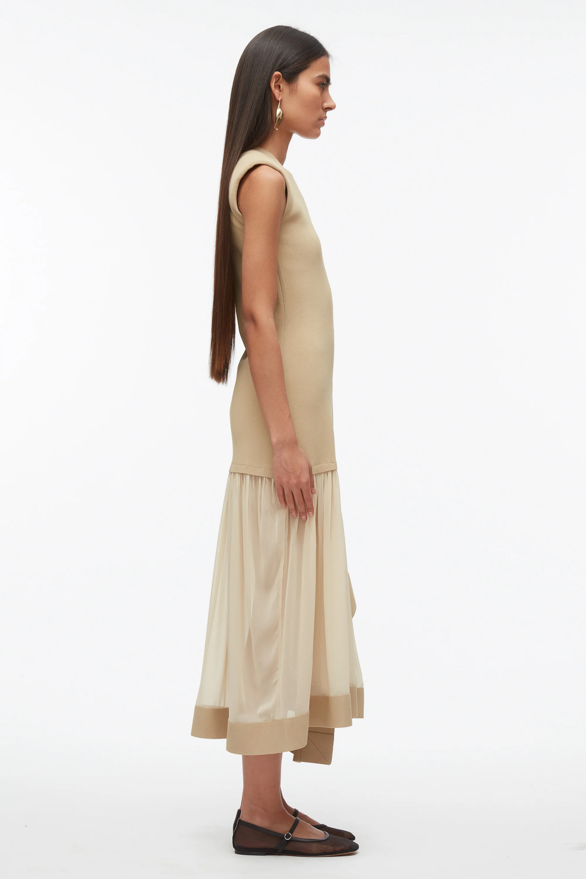 Compact Rib Dress with Chiffon Skirt - Image 3
