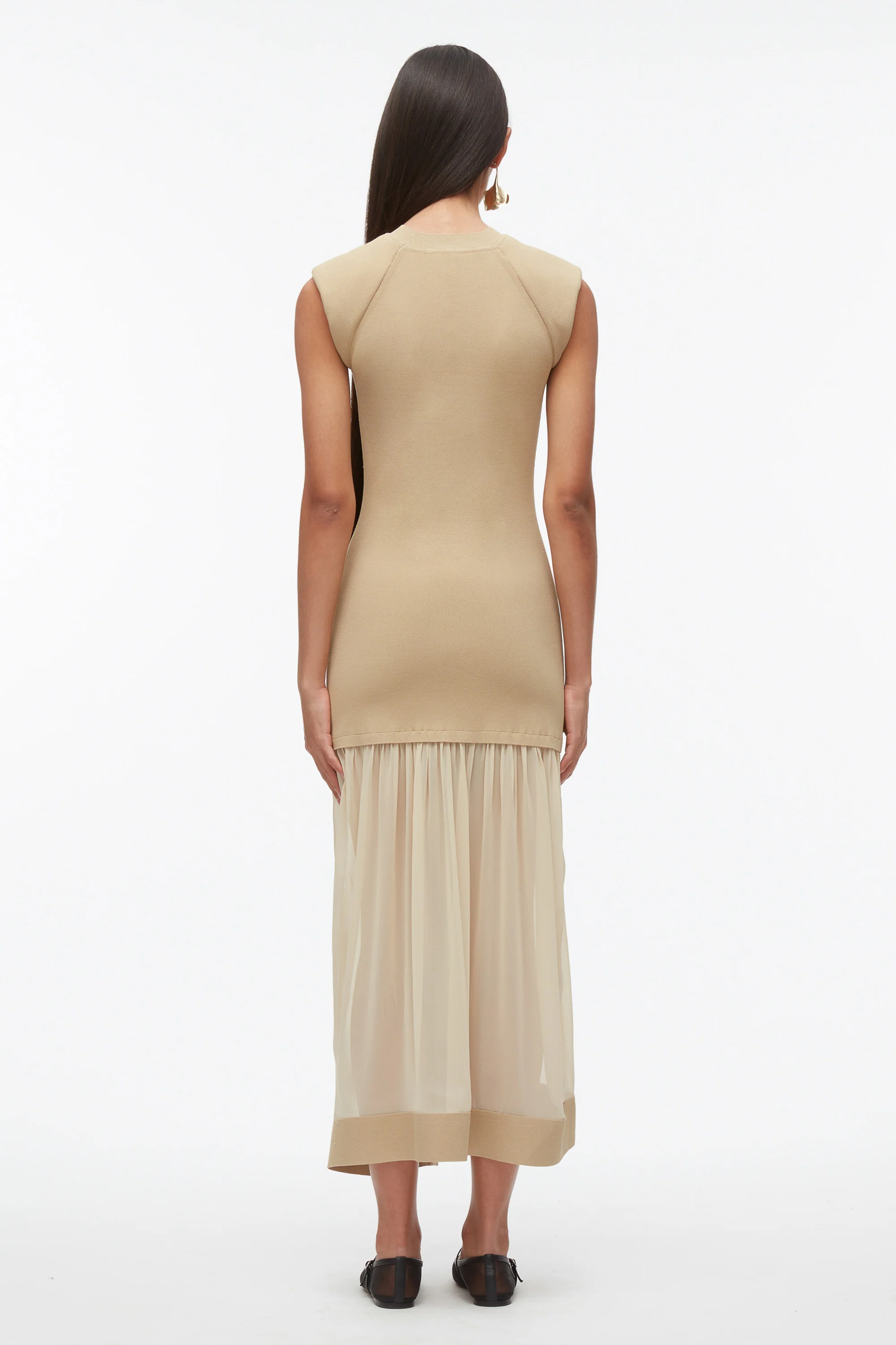 Compact Rib Dress with Chiffon Skirt - Image 4
