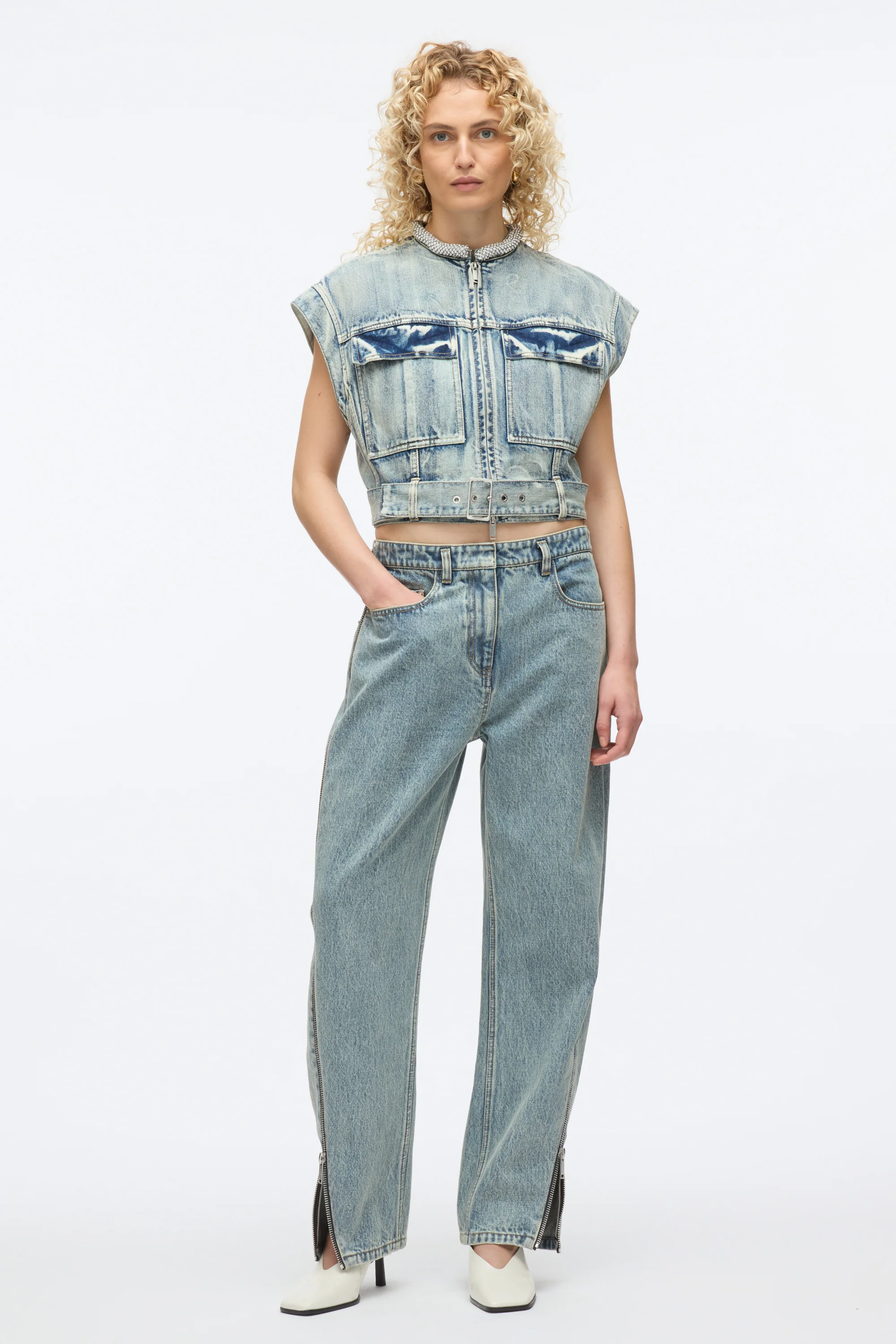 Denim Vest with Crystal Necklace