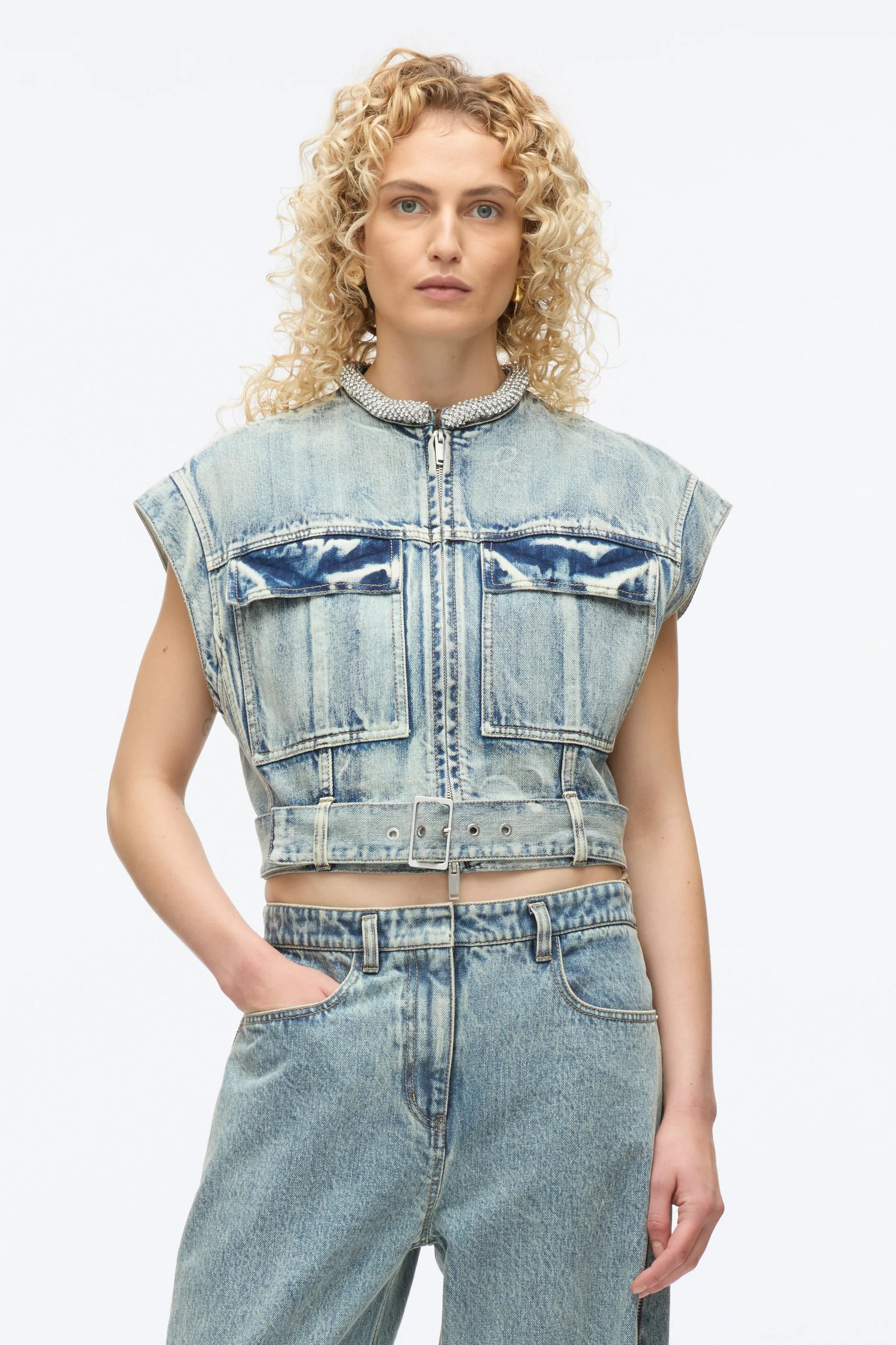 Denim Vest with Crystal Necklace - Image 2
