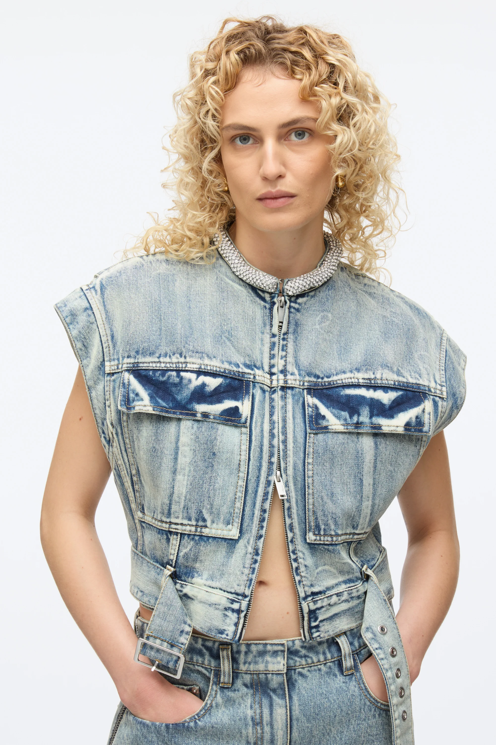 Denim Vest with Crystal Necklace - Image 5