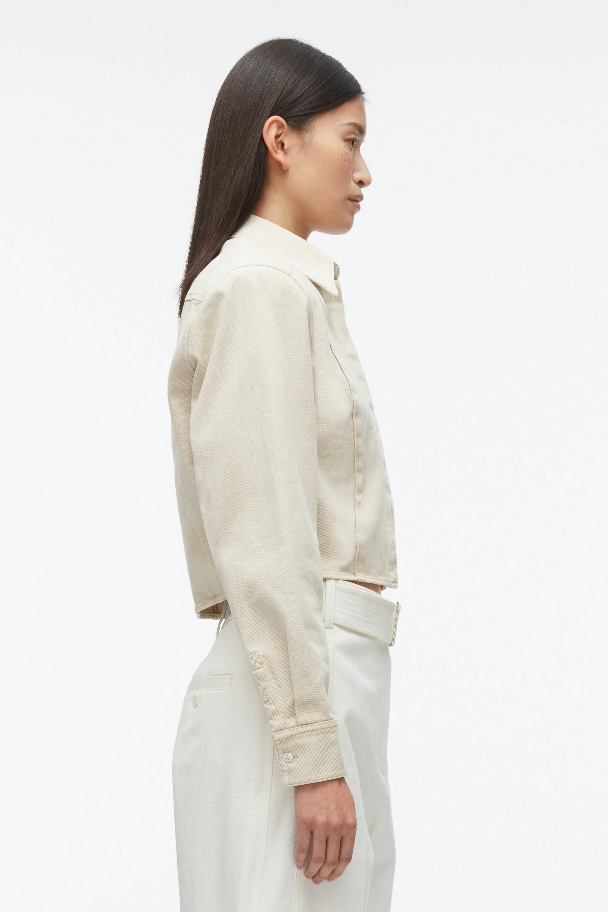 Denim Cropped Shirt with Shoulder Pads - Image 3