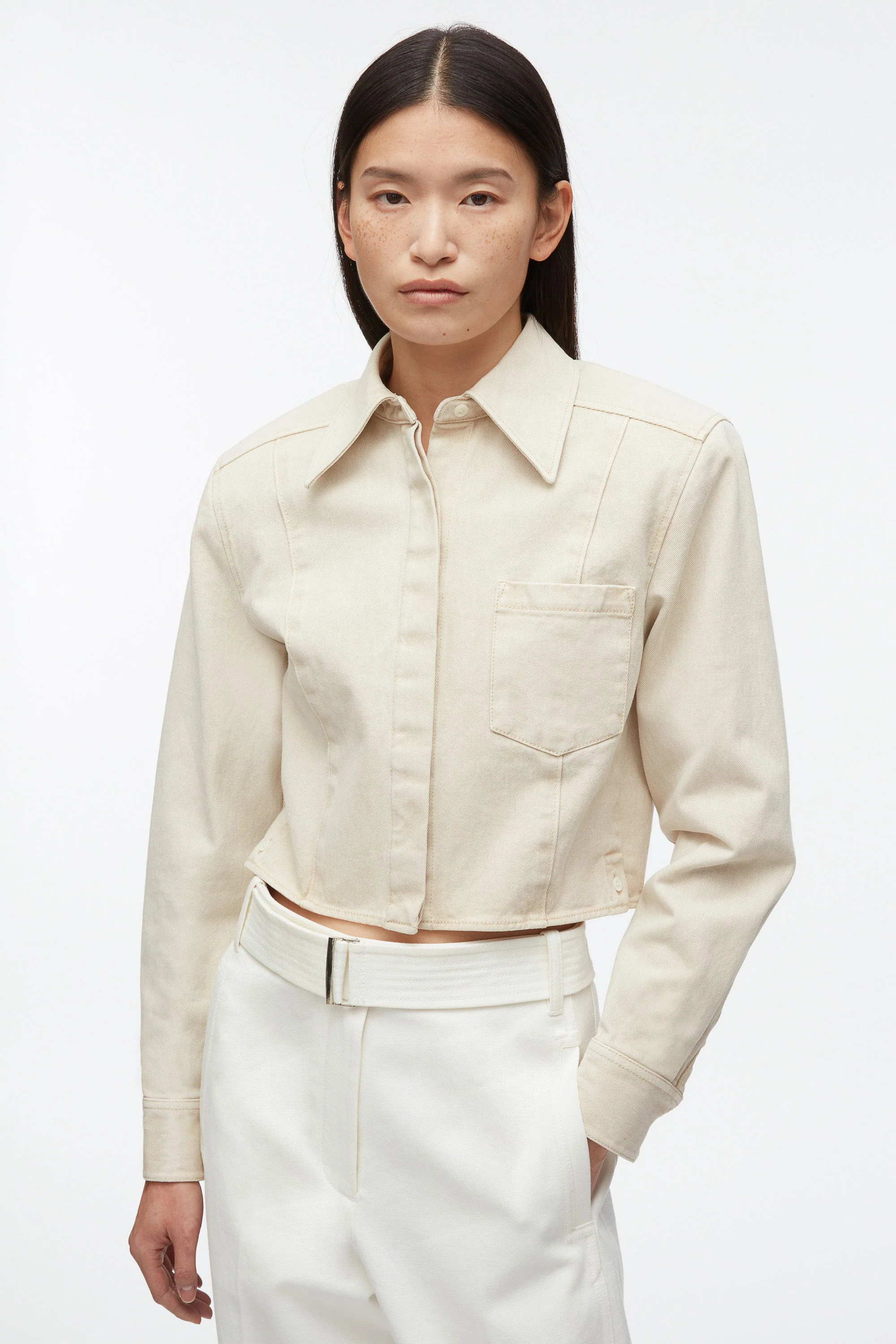Denim Cropped Shirt with Shoulder Pads - Image 5