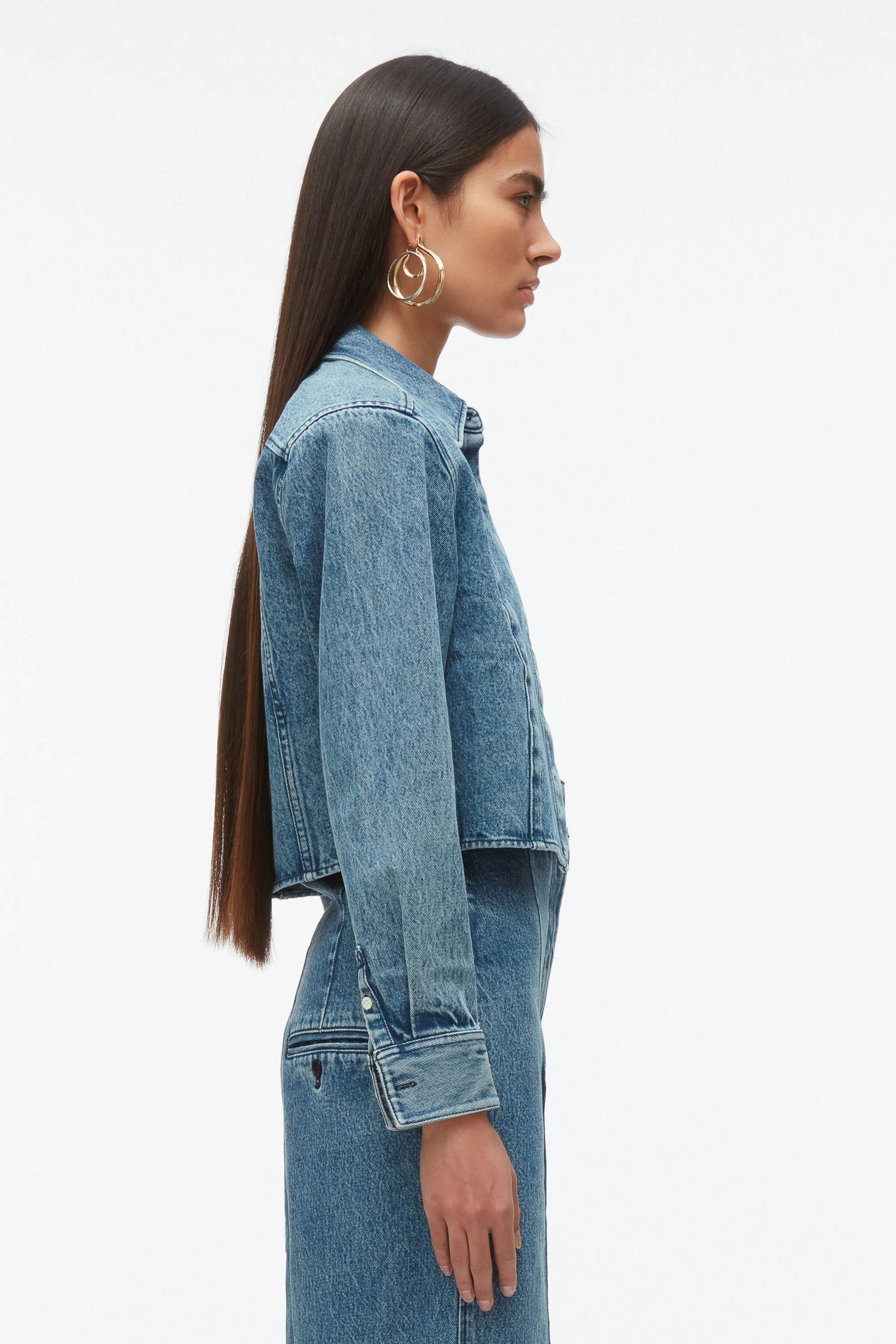 Denim Cropped Shirt with Shoulder Pads - Image 3