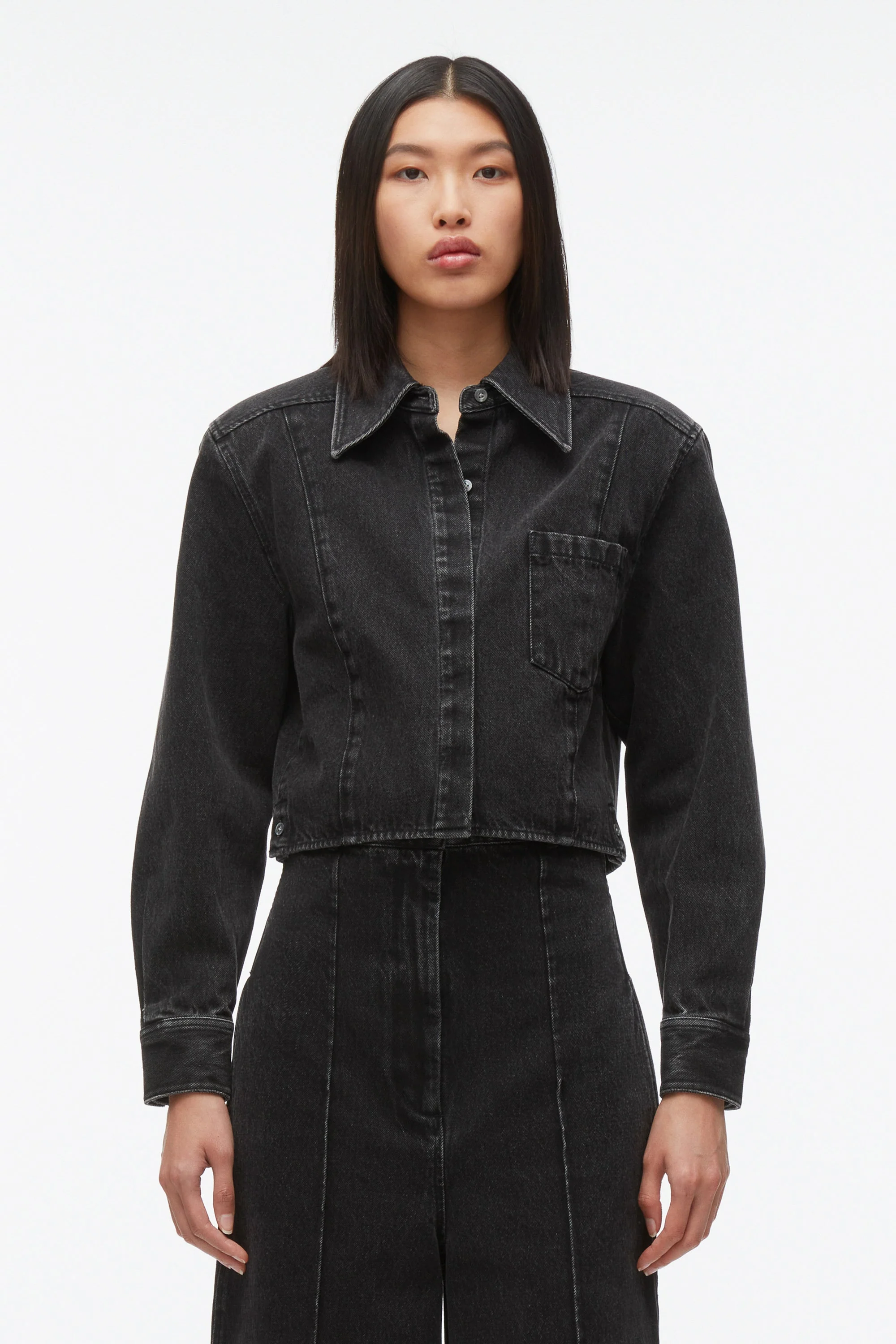 Denim Cropped Shirt with Shoulder Pads - Image 2