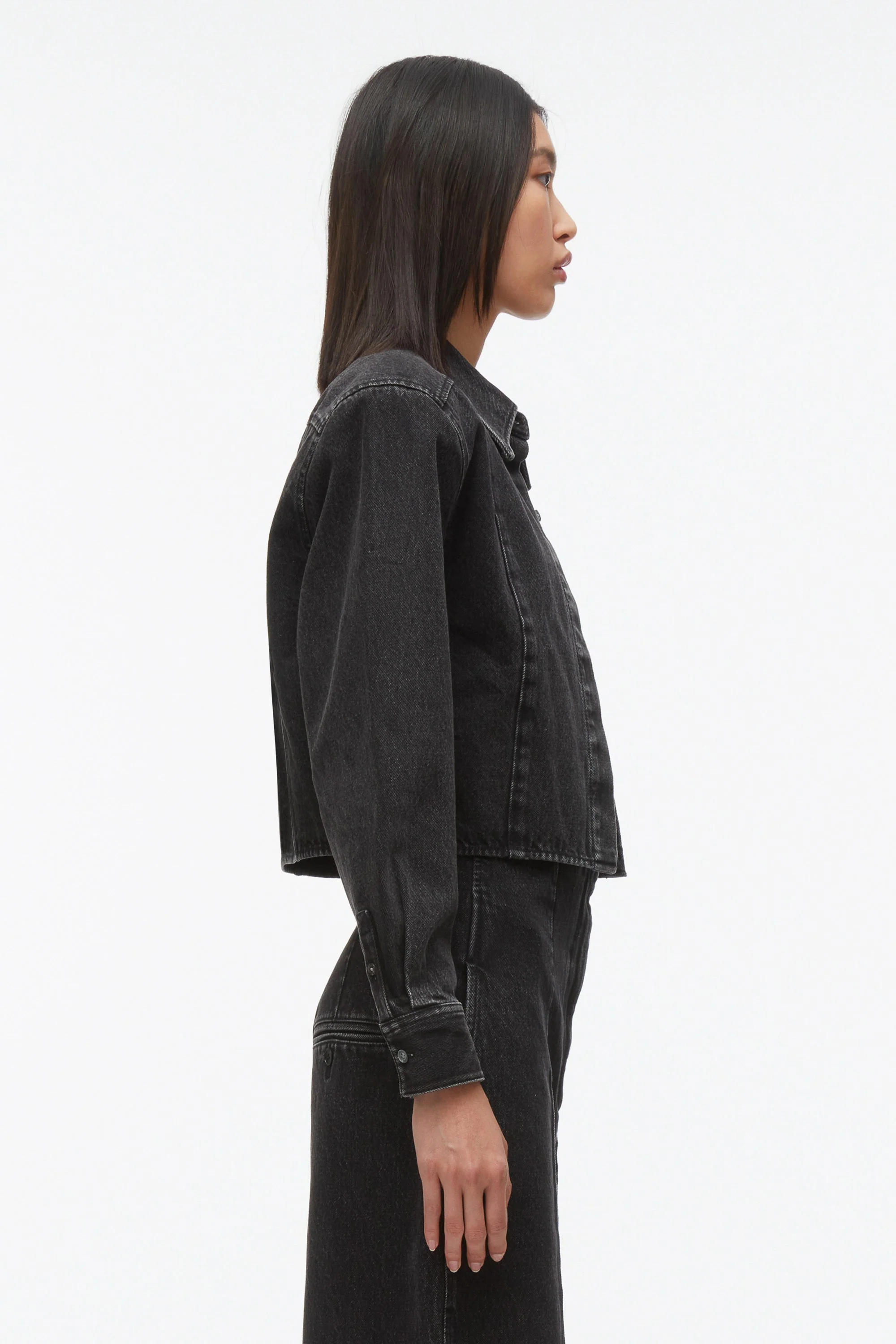 Denim Cropped Shirt with Shoulder Pads - Image 3