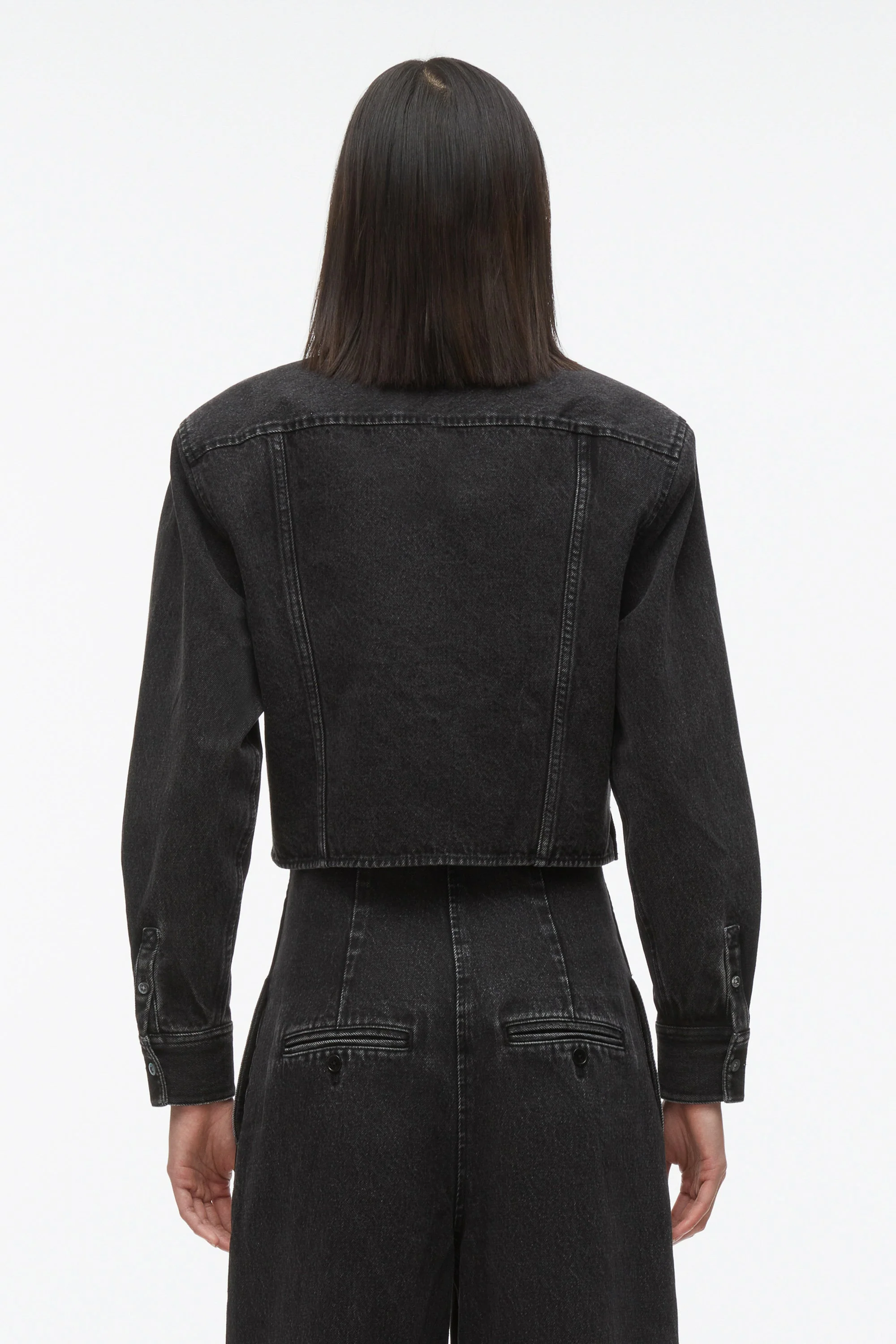 Denim Cropped Shirt with Shoulder Pads - Image 4