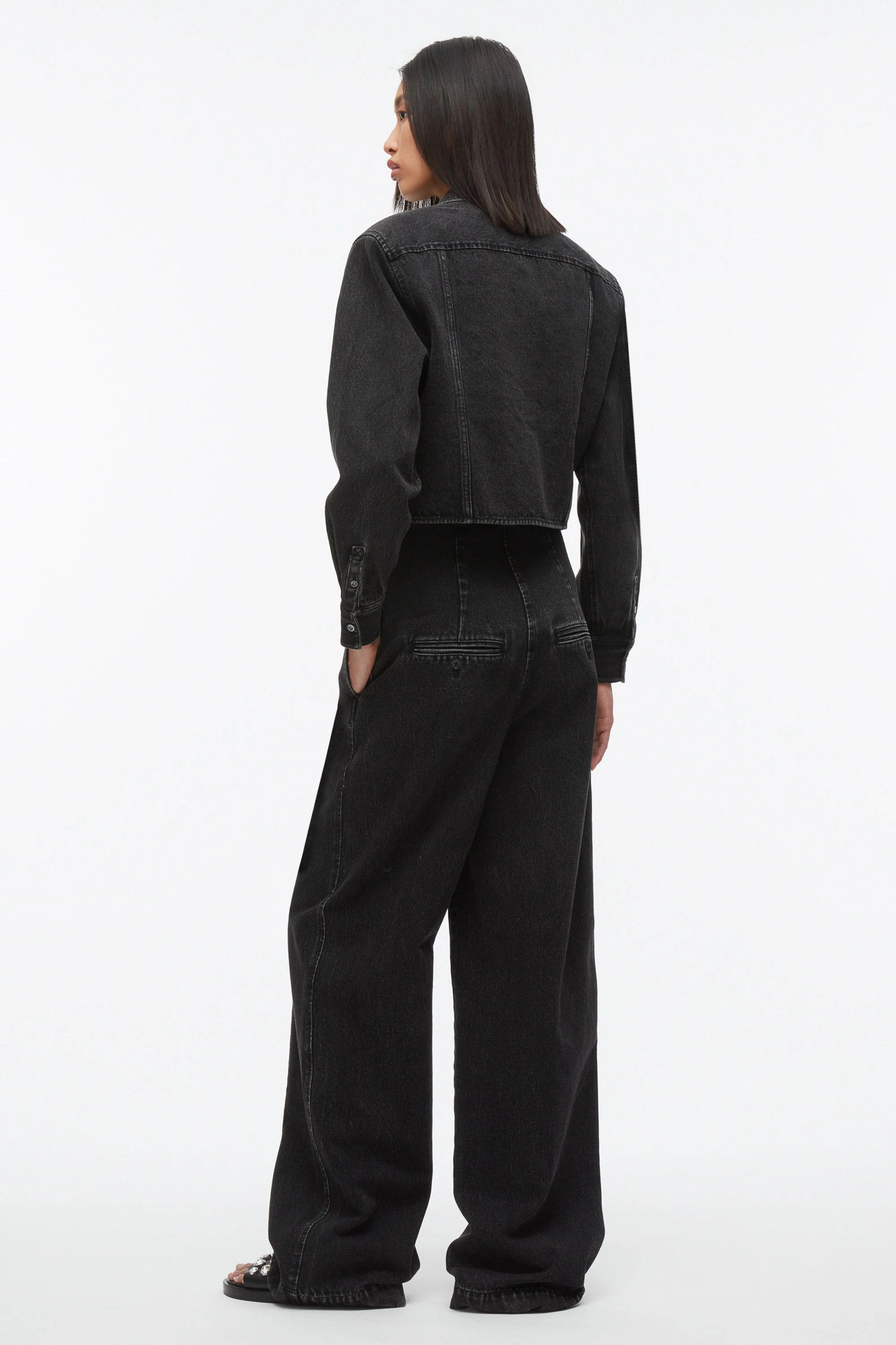 Denim Cropped Shirt with Shoulder Pads - Image 5
