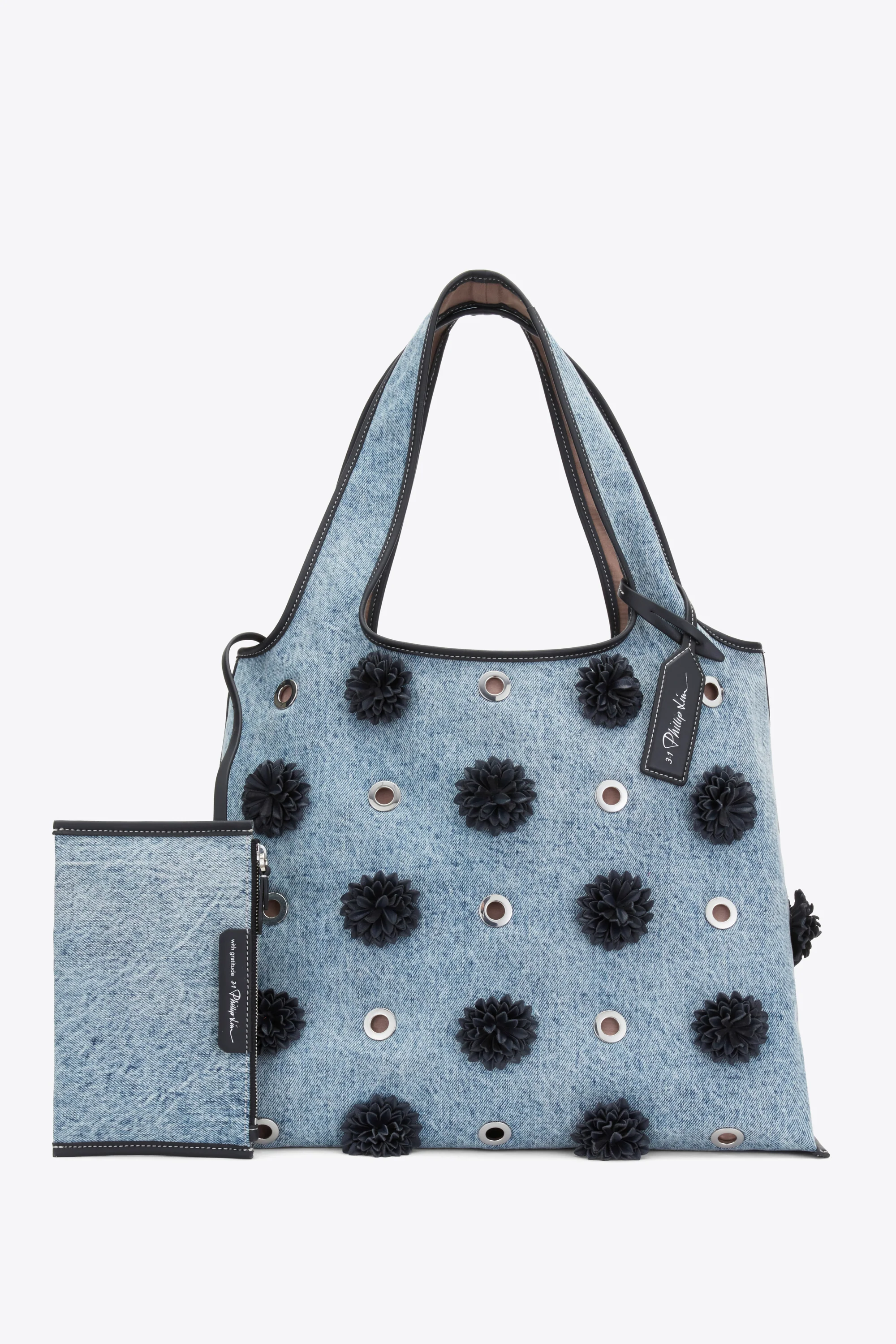 Denim Market Tote with Leather Flowers
