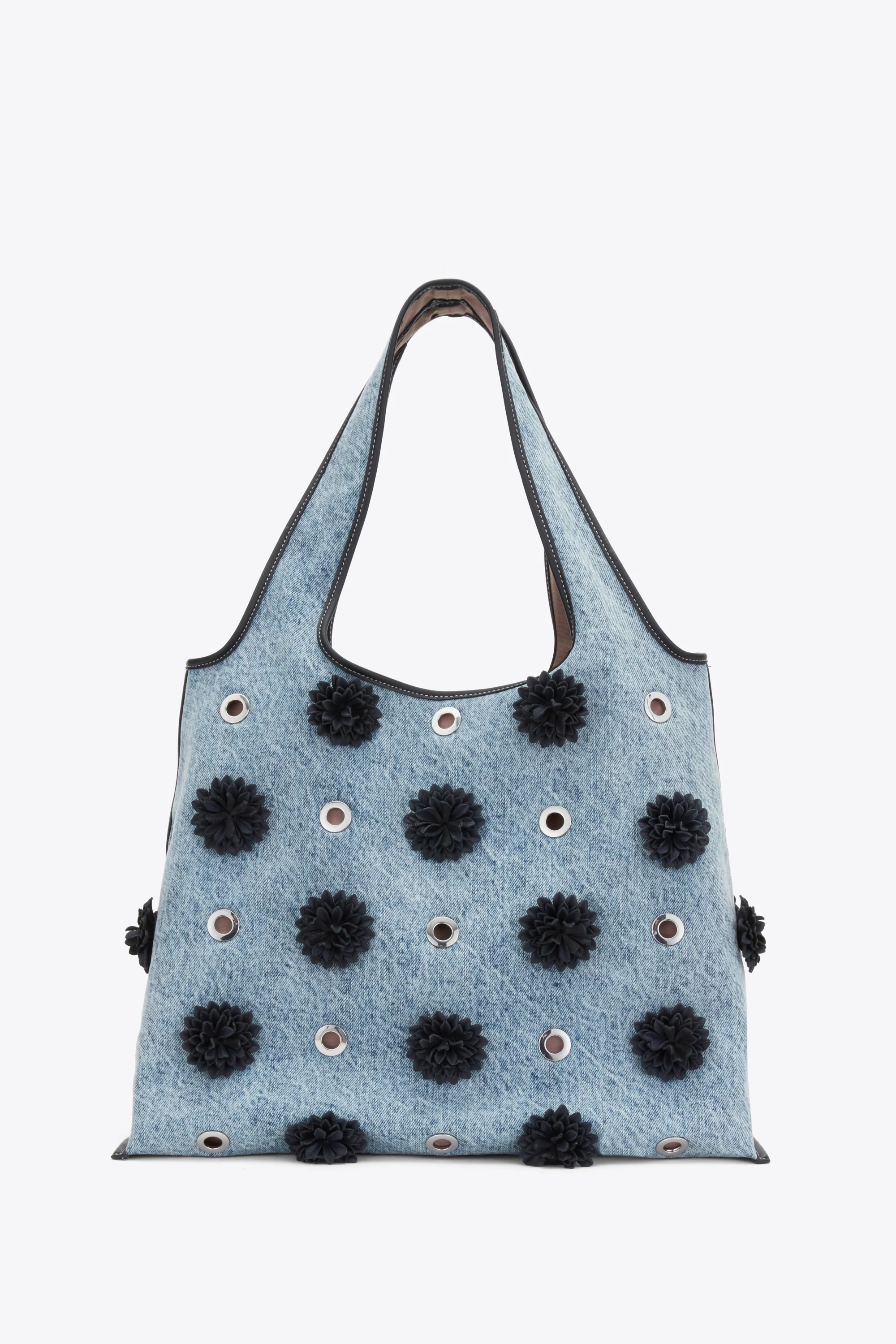 Denim Market Tote with Leather Flowers - Image 2