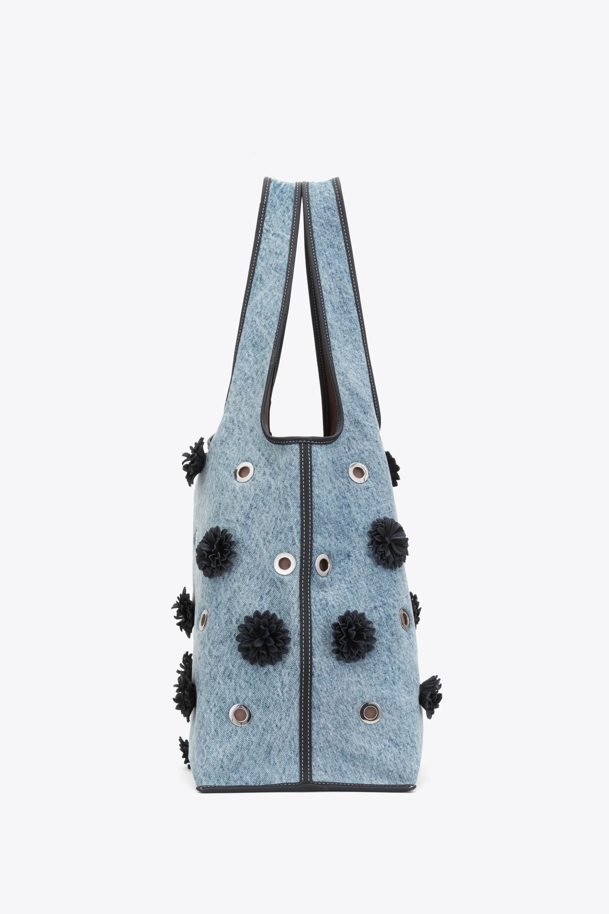 Denim Market Tote with Leather Flowers - Image 3