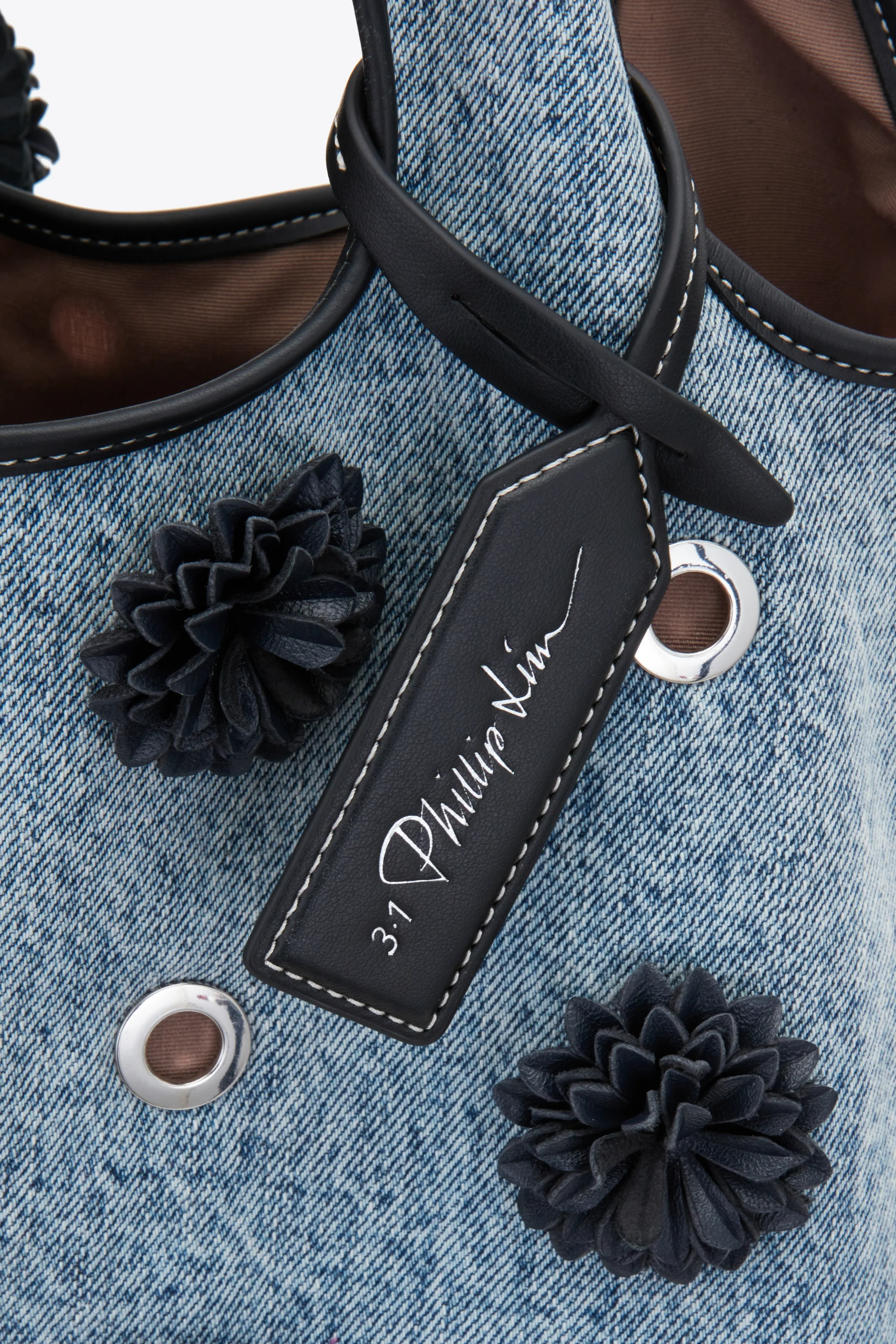 Denim Market Tote with Leather Flowers - Image 4