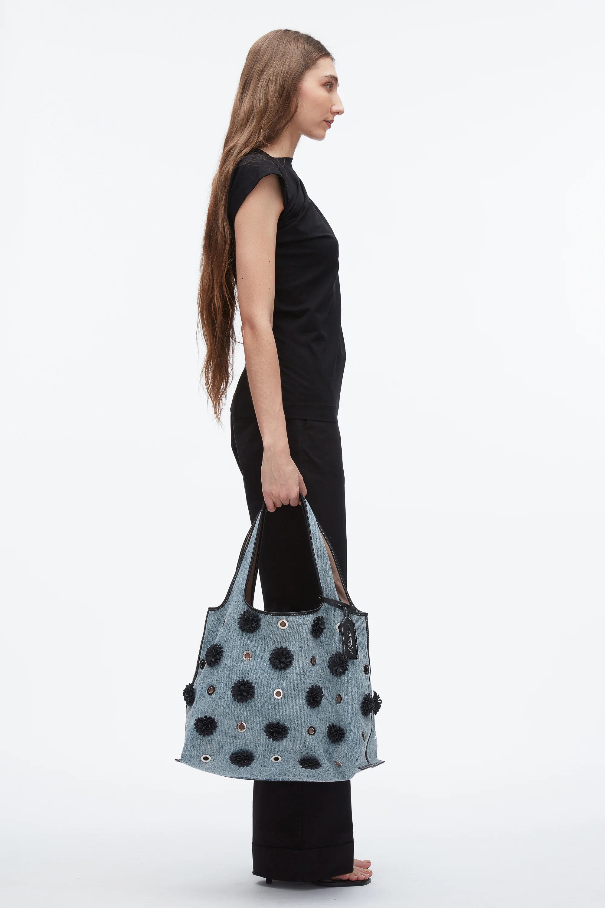 Denim Market Tote with Leather Flowers - Image 5