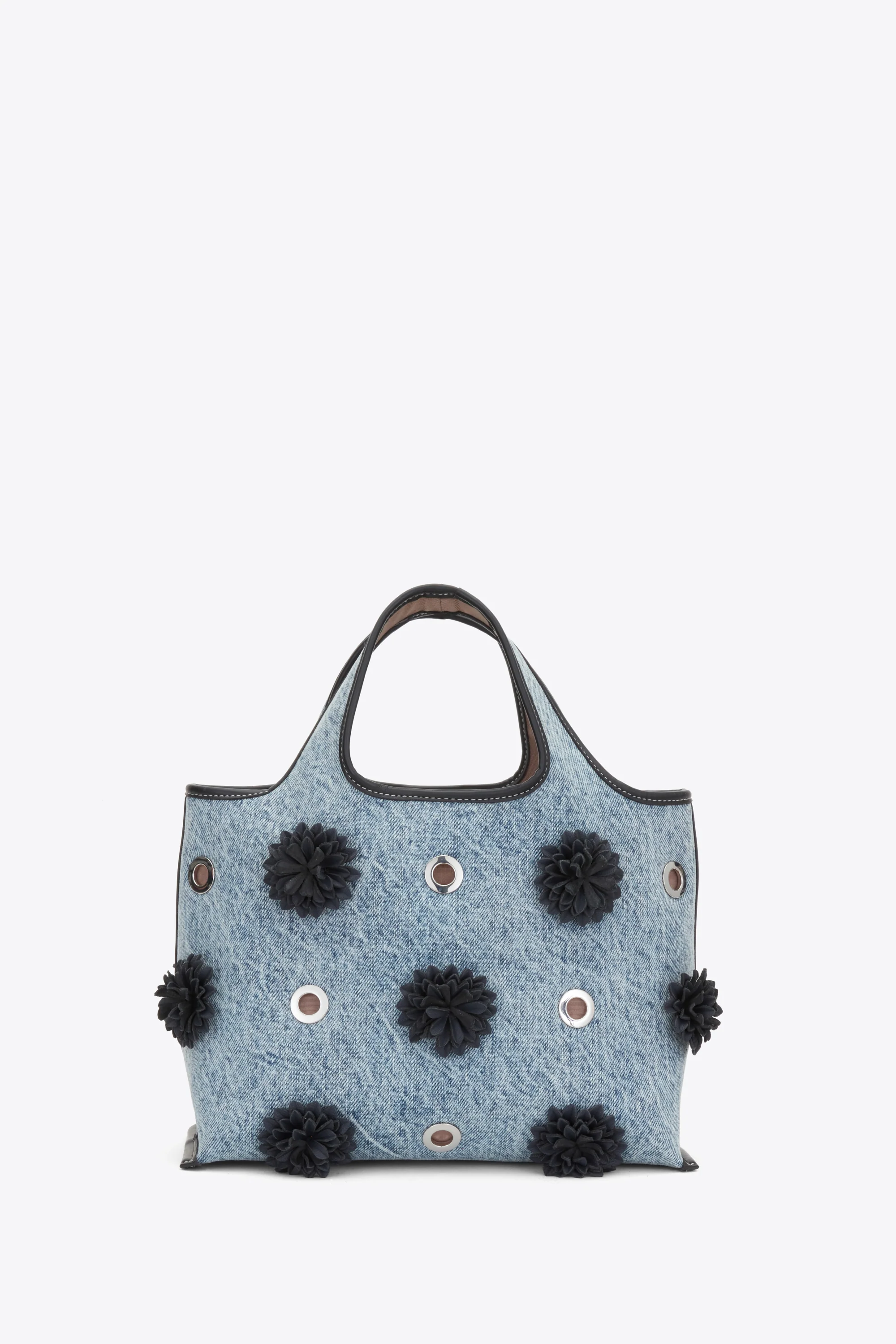 Denim Mini Market Tote with Leather Flowers - Image 3