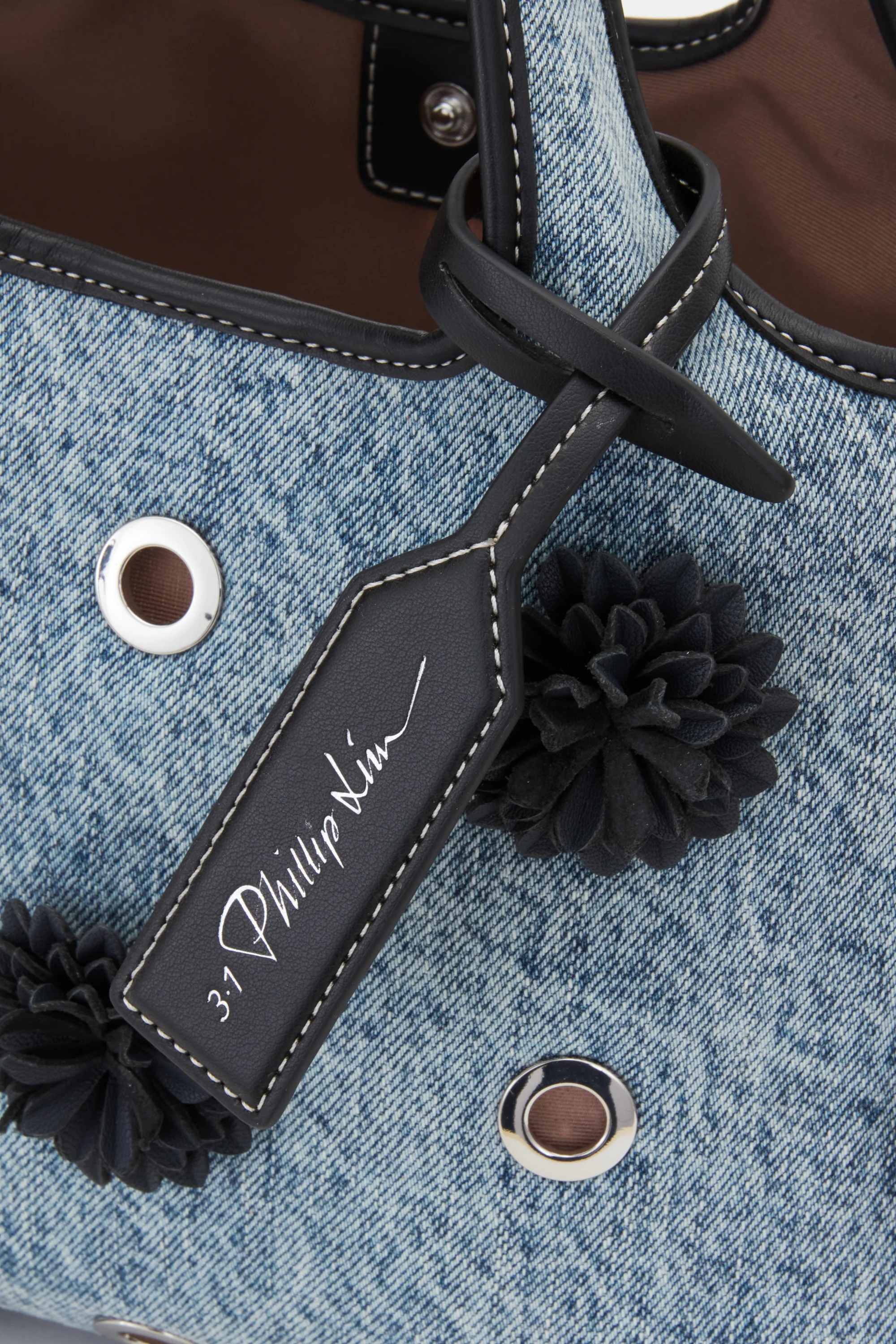 Denim Mini Market Tote with Leather Flowers - Image 4