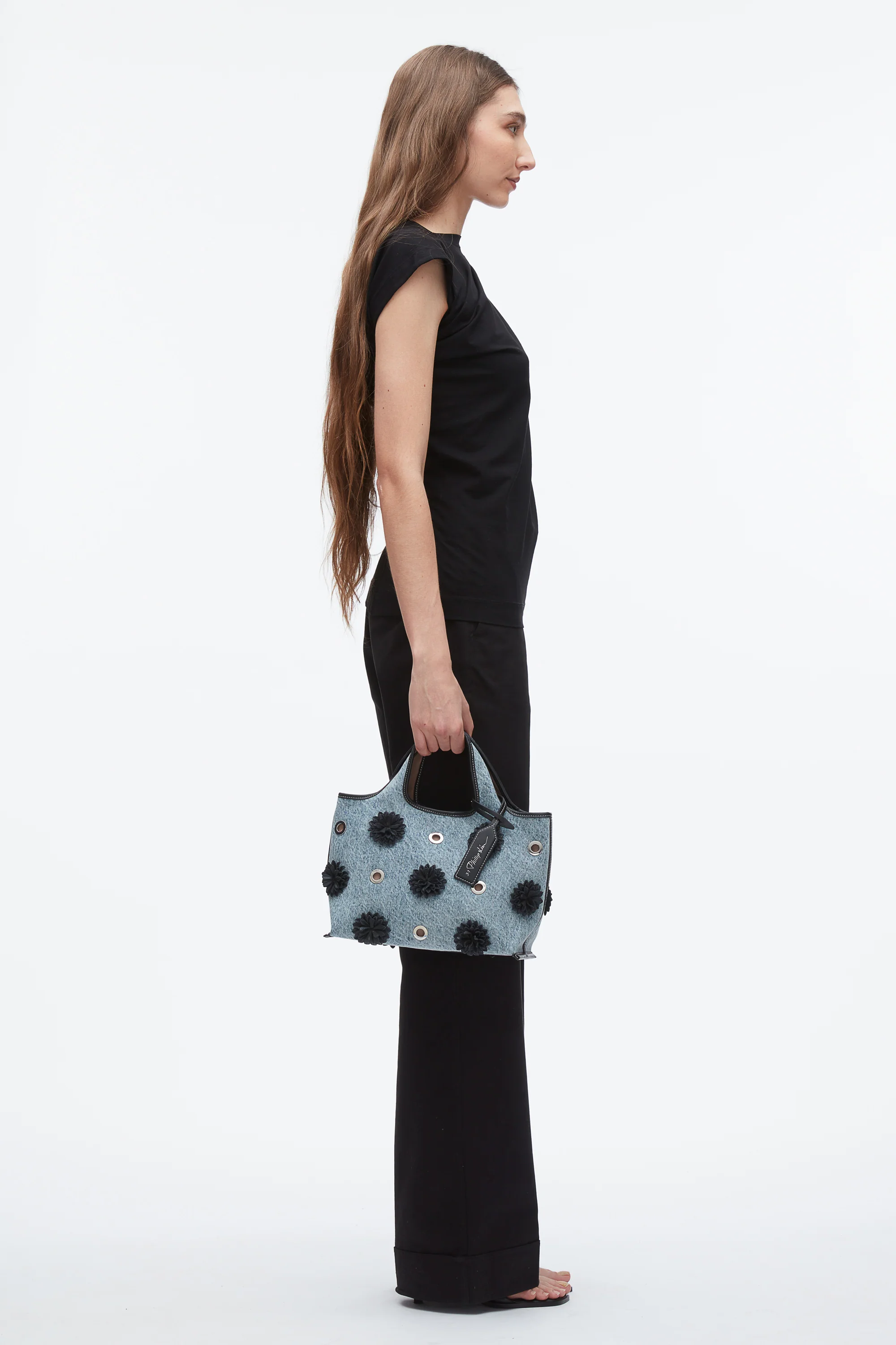 Denim Mini Market Tote with Leather Flowers - Image 5