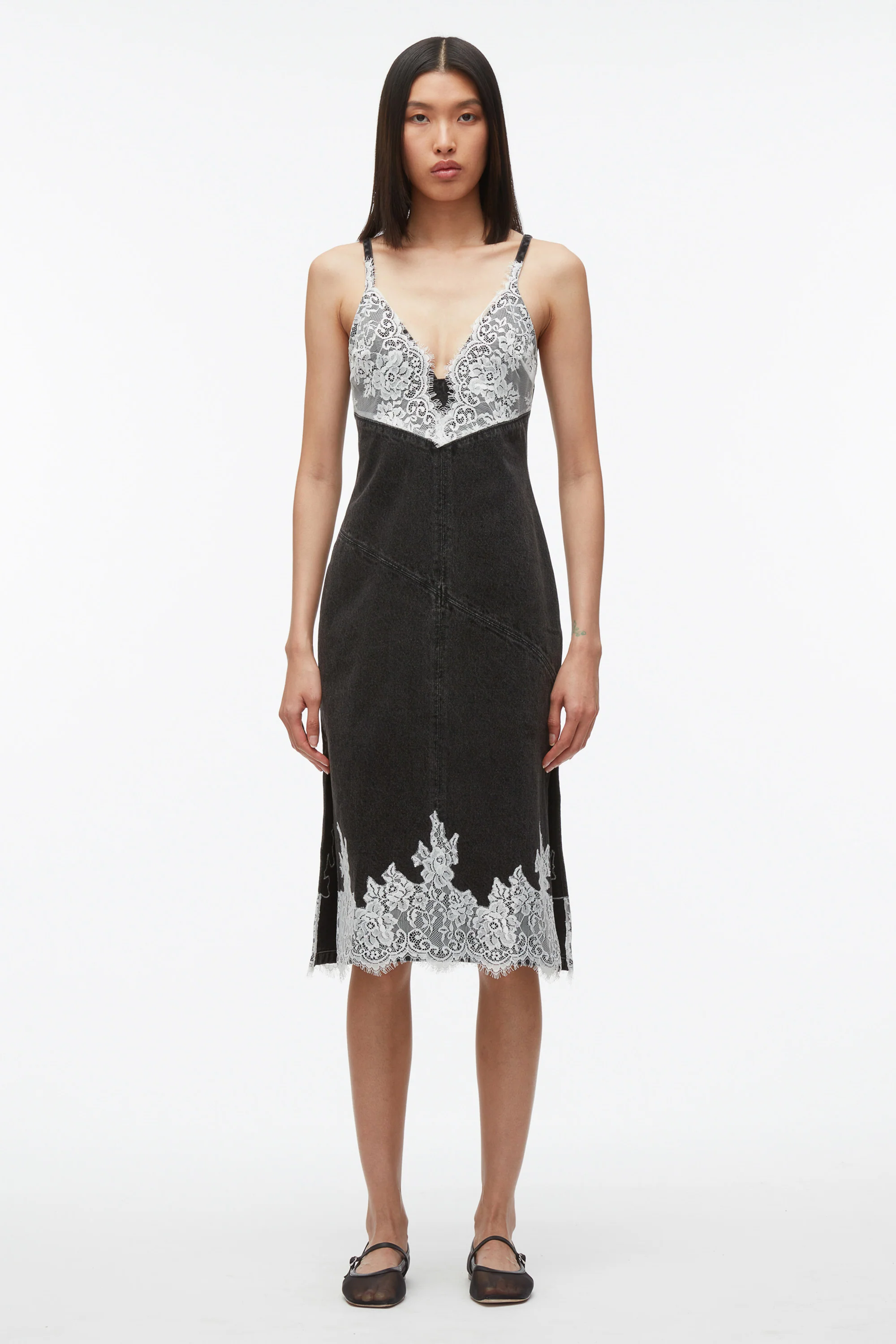 Washed Black V-Neck Denim Slip Dress with Lace - Image 3