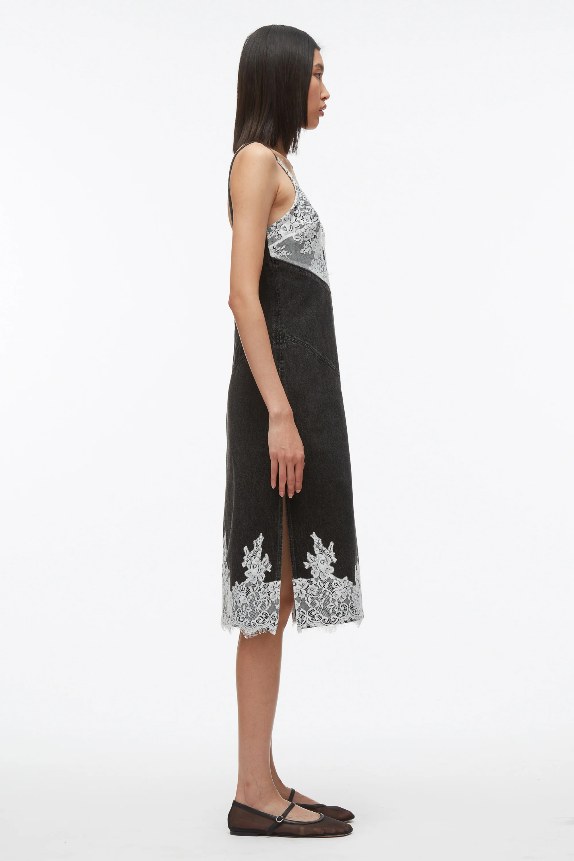Washed Black V-Neck Denim Slip Dress with Lace - Image 4