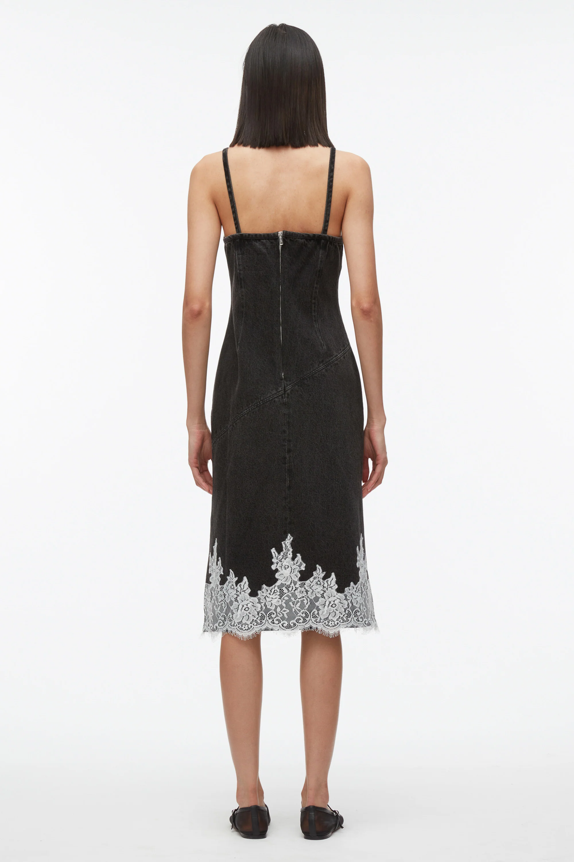 Washed Black V-Neck Denim Slip Dress with Lace - Image 5