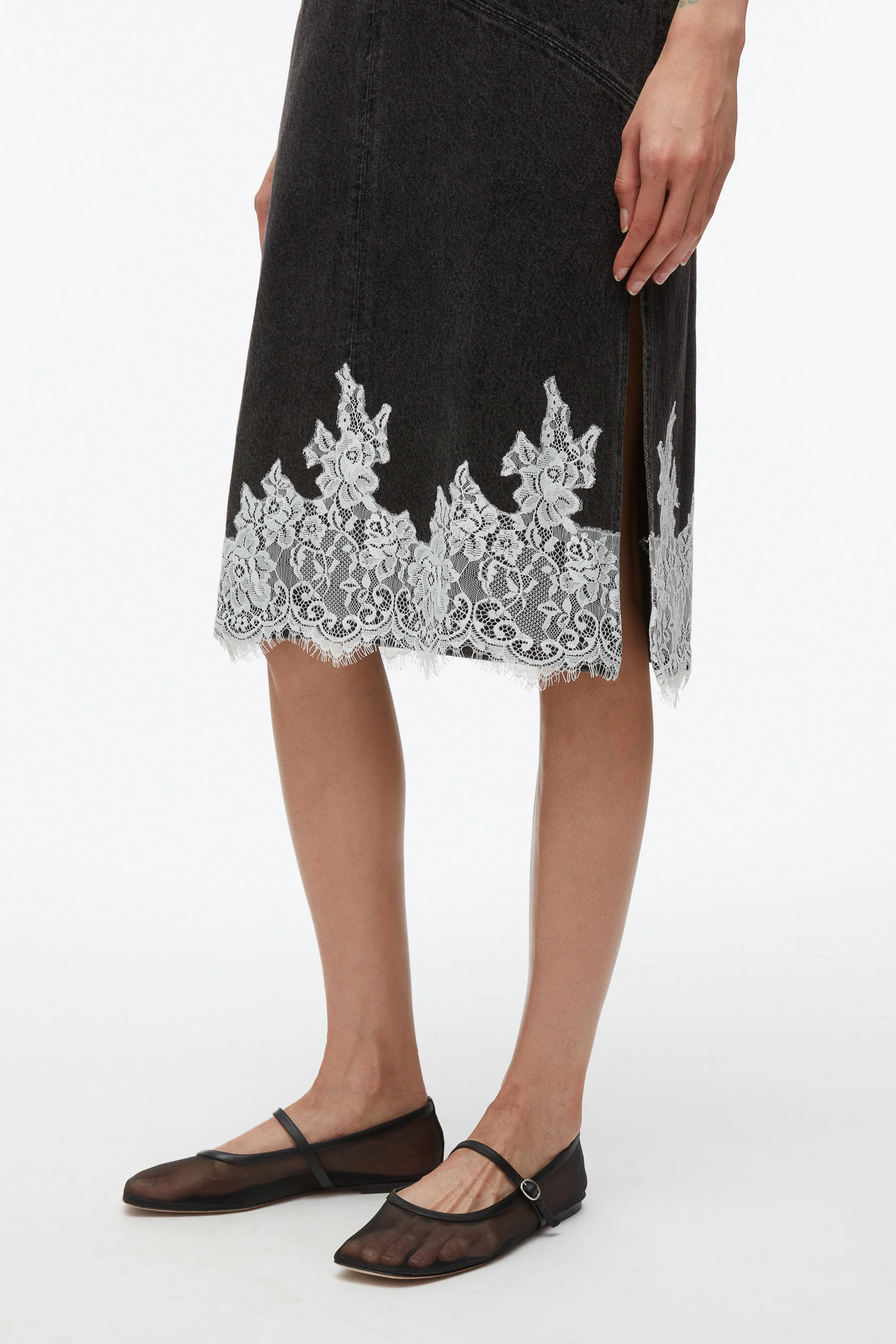 Washed Black V-Neck Denim Slip Dress with Lace - Image 6