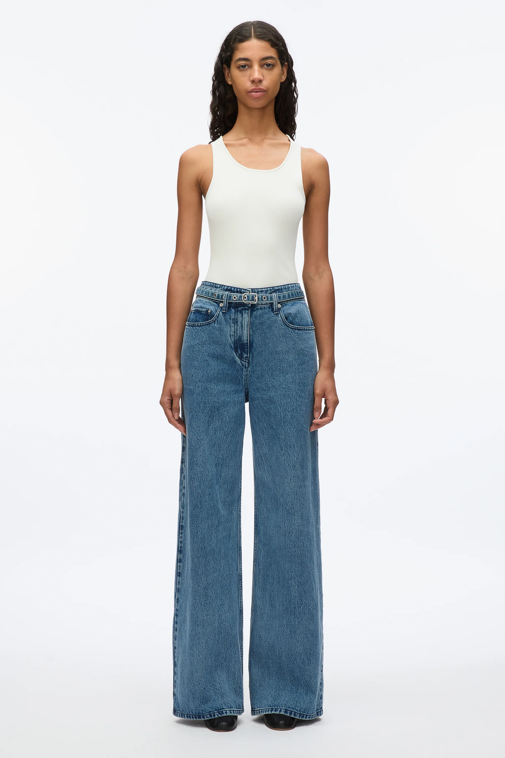 Denim Wide-Leg Belted Jeans