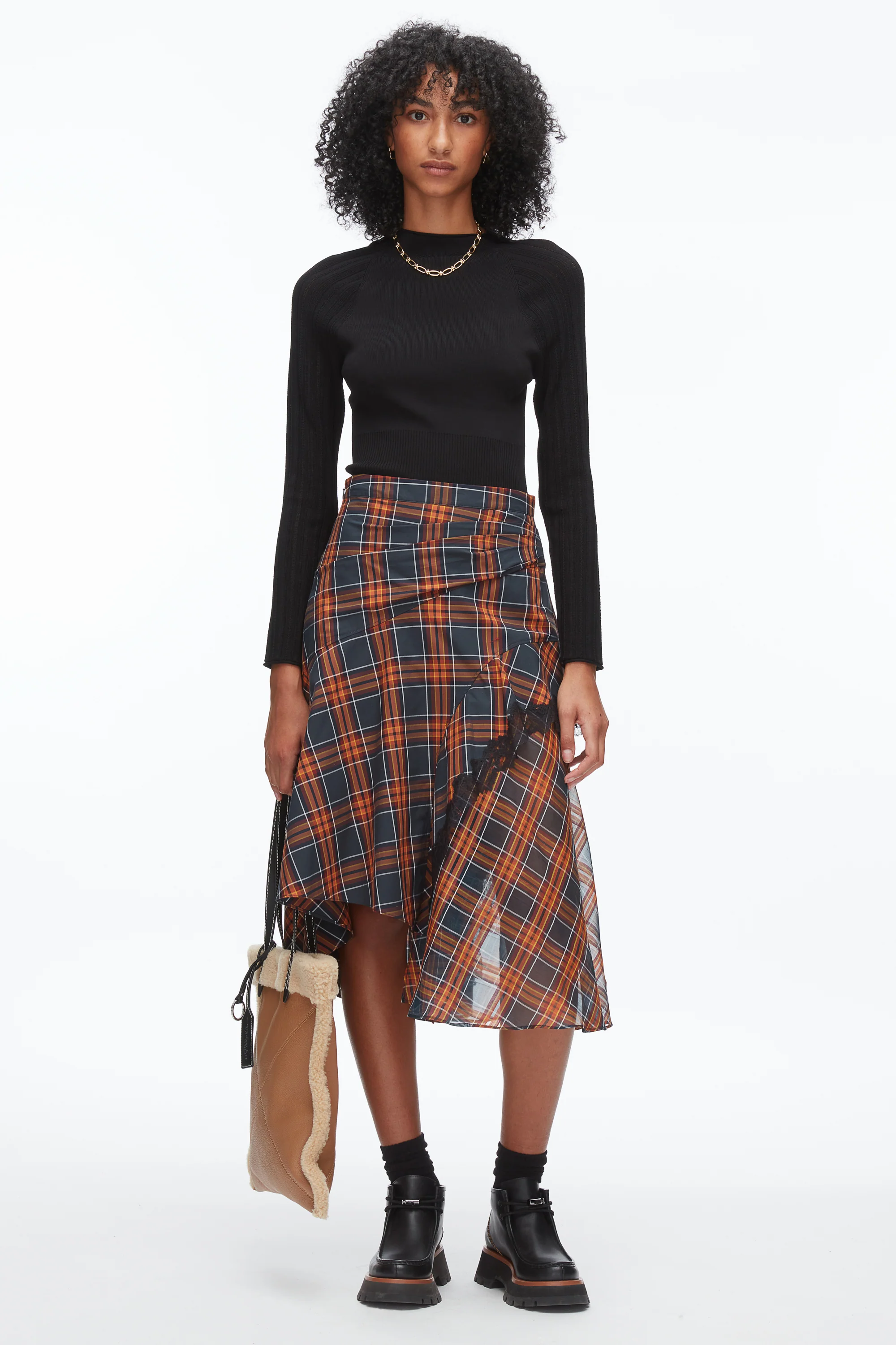 Plaid Mix Draped Midi Skirt