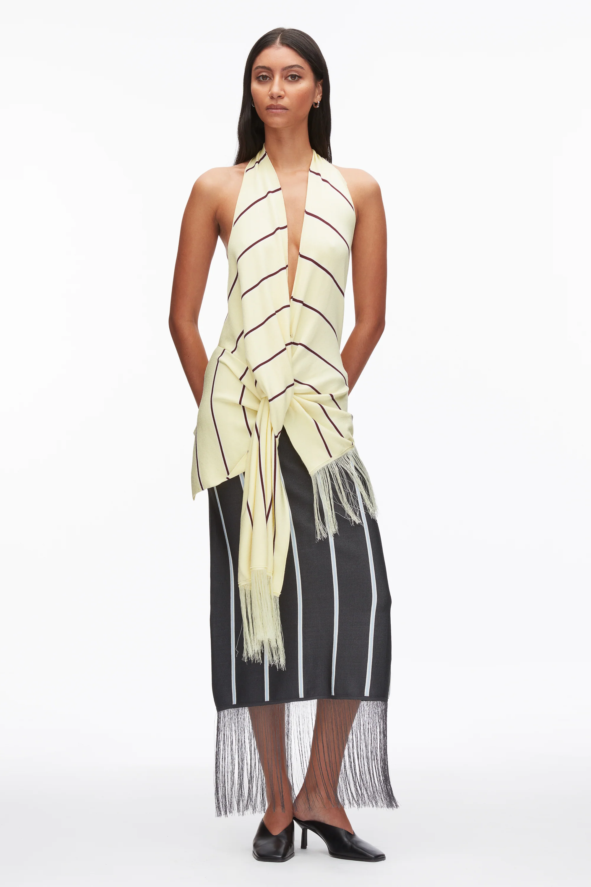 Draped Stripe Halter Top with Fringe