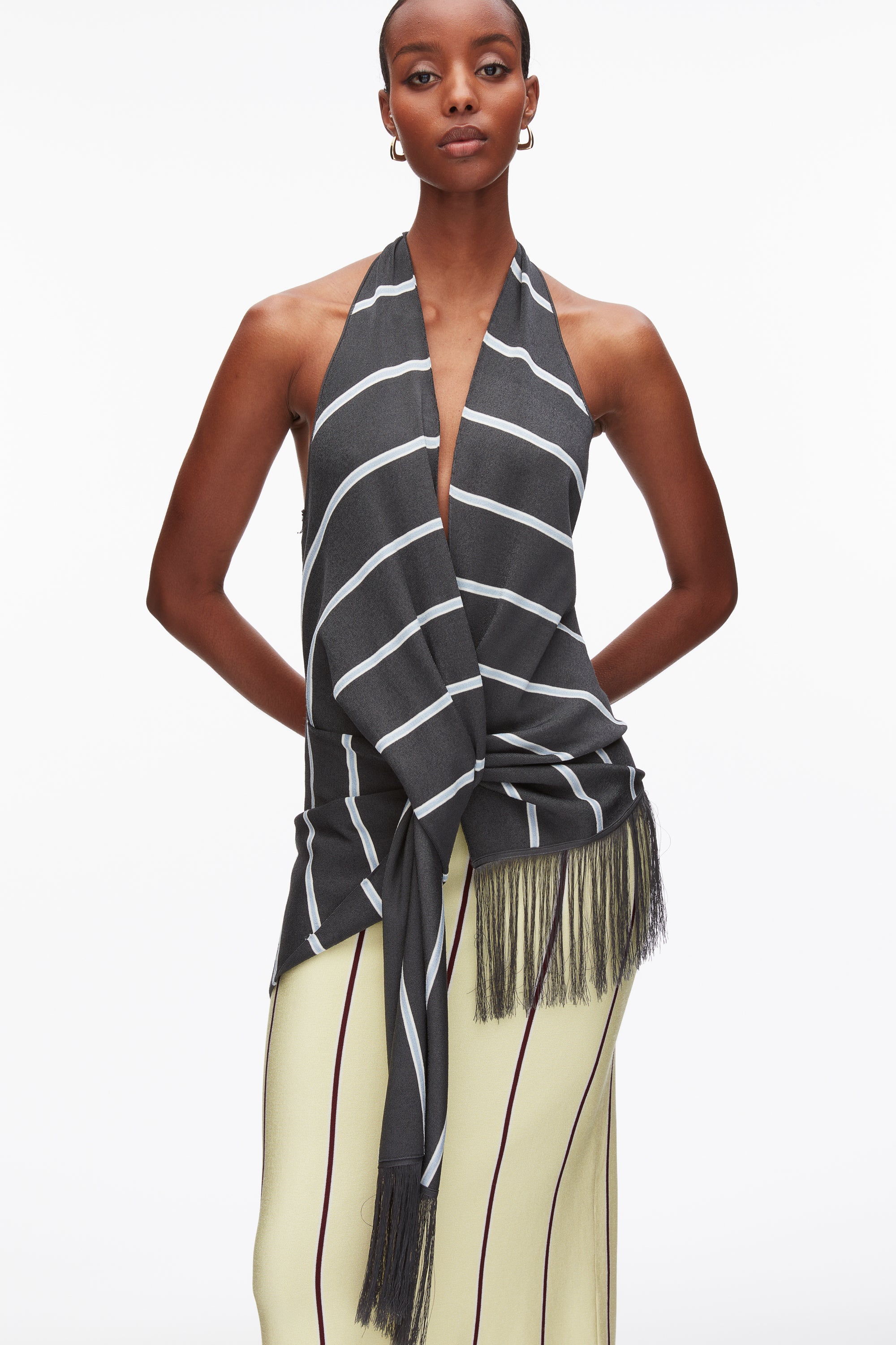 Draped Stripe Halter Top with Fringe - Image 13