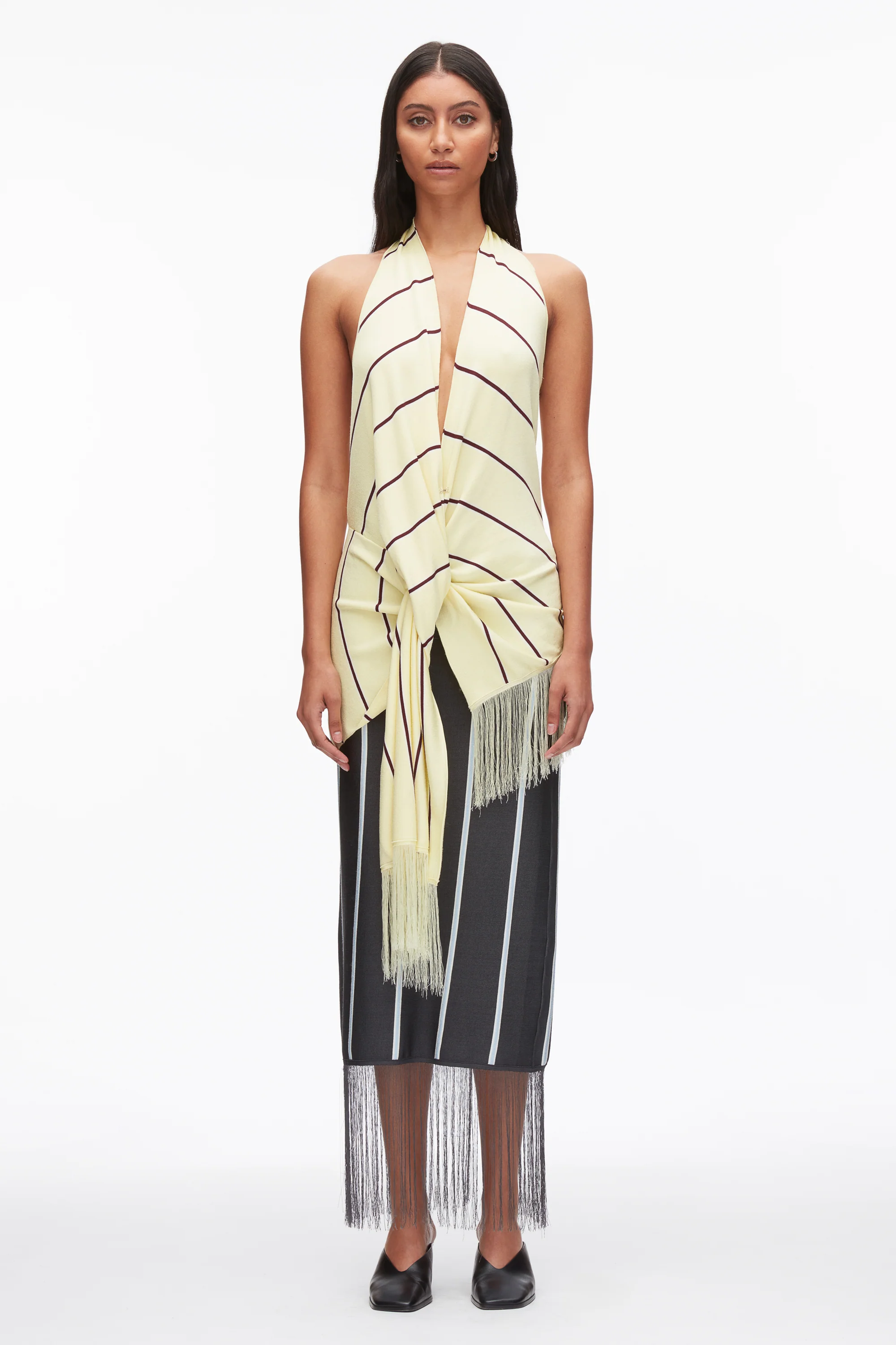 Draped Stripe Halter Top with Fringe - Image 2