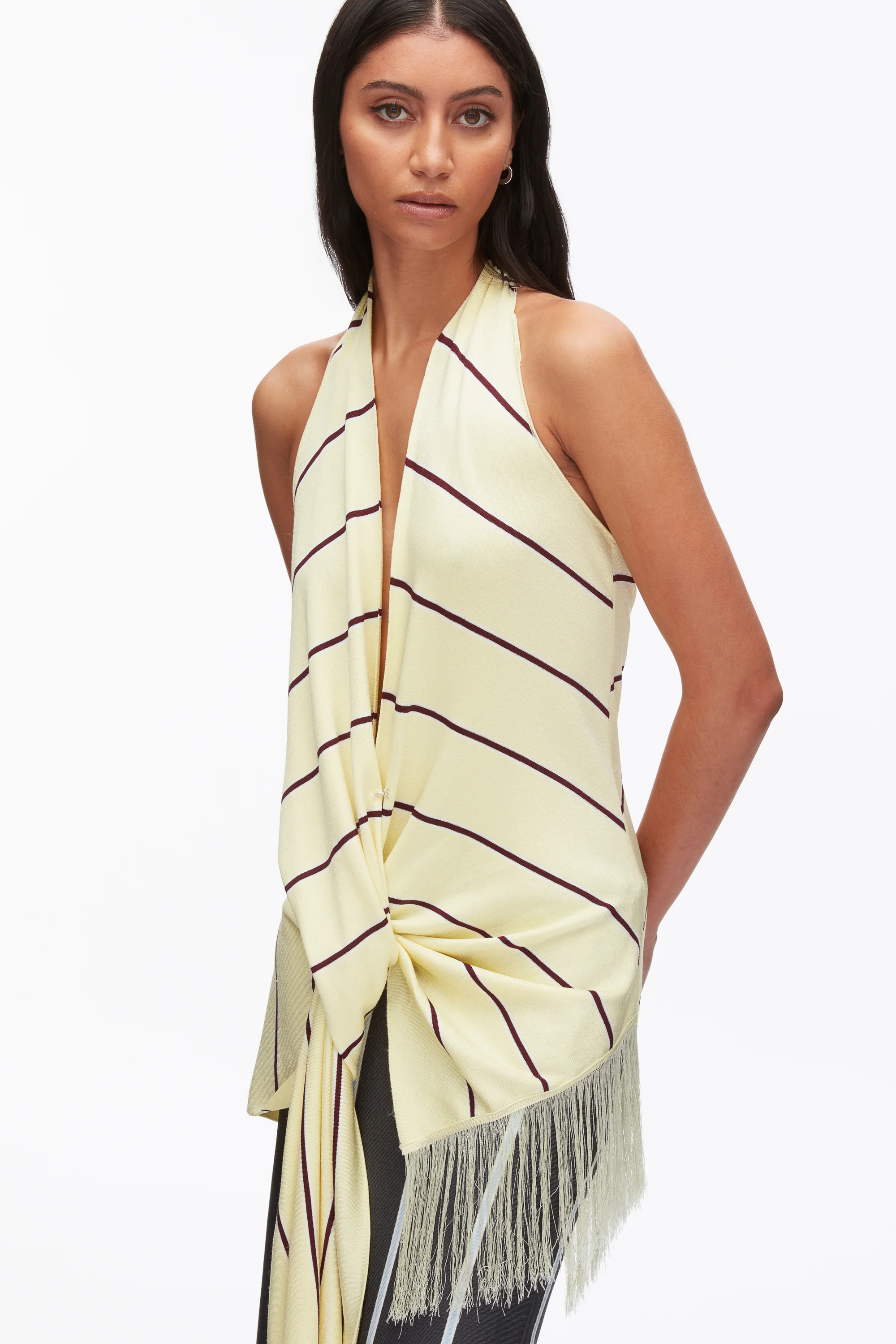 Draped Stripe Halter Top with Fringe - Image 5